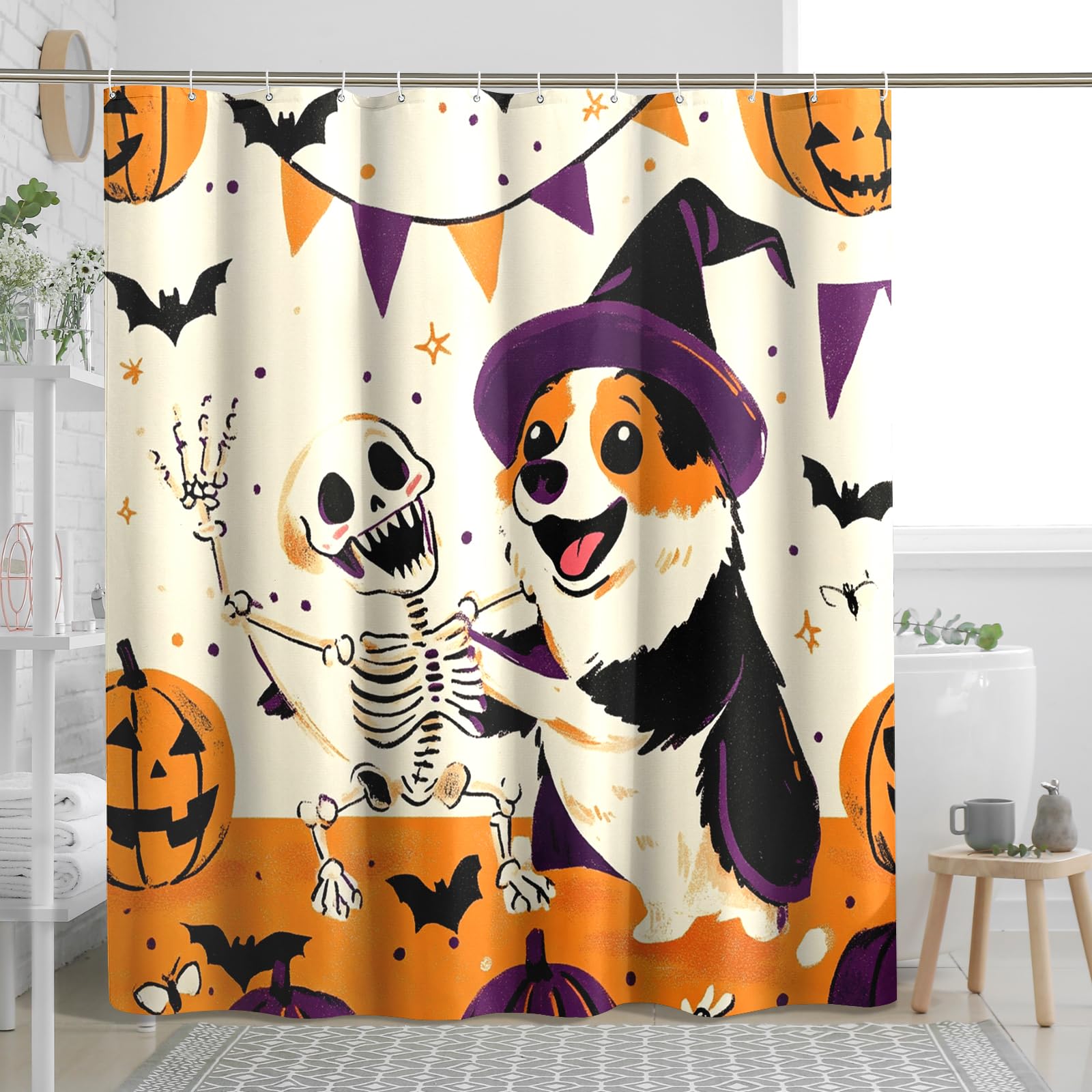 Rideau de douche Halloween corgi et citrouille effrayante pour un bain amusant