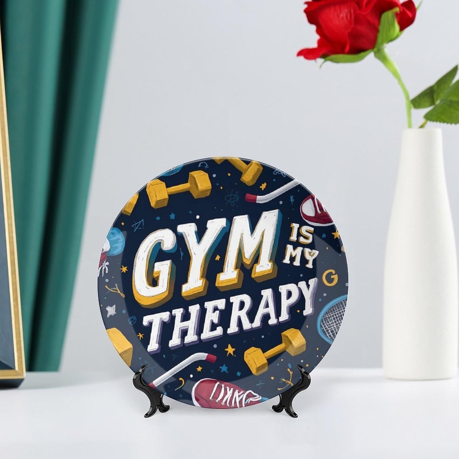 Gym Is My Therap Decorative Plates for Display Ceramic Plate Tray with Stand Hanger Home Decor