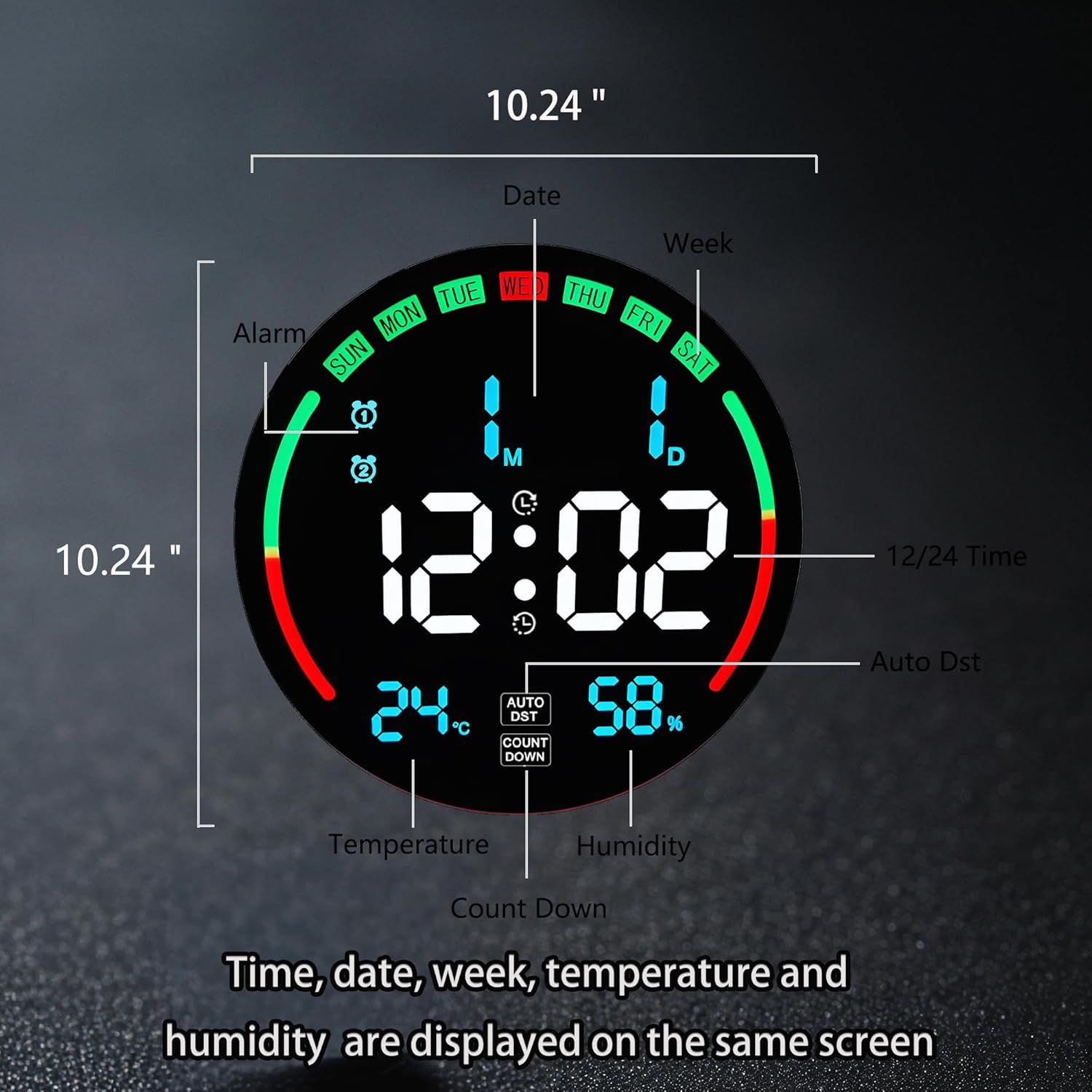 Large Digital Wall Clock with Date,Timer, Dimmer, Temperature,Humidity, Auto DST,Decor for Living Room, Bedroom, Office, Gym, Garage (Blue)