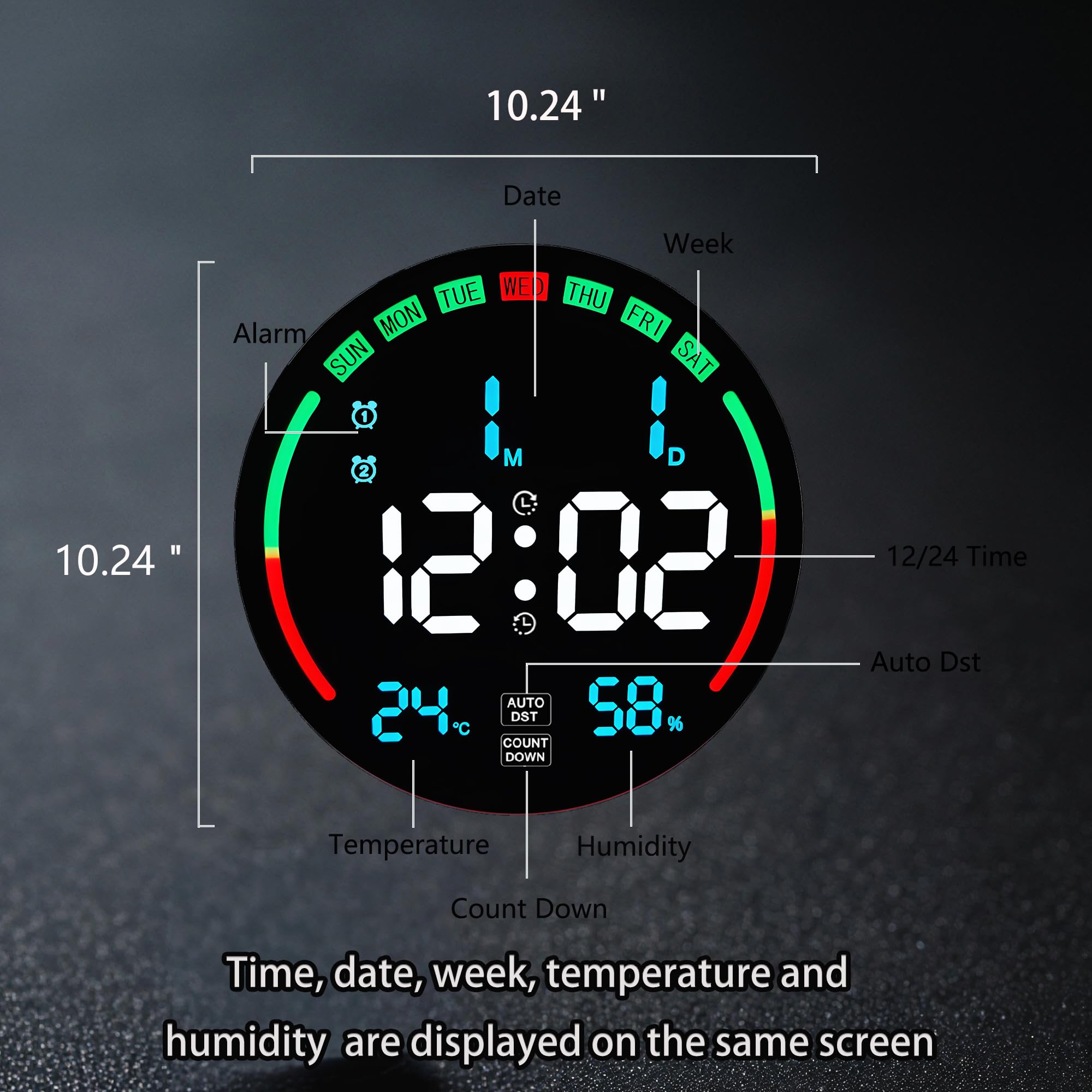 Grande orologio da parete digitale con data, timer, dimmer, temperatura, umidità, ora diurna automatica, decorazione per soggiorno, camera da letto, ufficio, palestra, garage (blu)