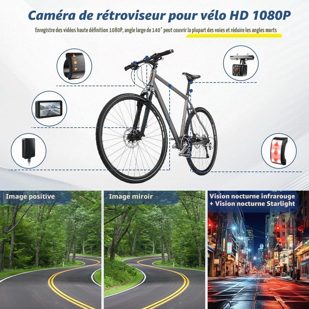 VSYSTO Rétroviseur de vélo avec écran HD 4,5", caméra embarquée WiFi, vision nocturne, enregistrement du kilométrage et de la vitesse pour VTT, vélos de route et électriques