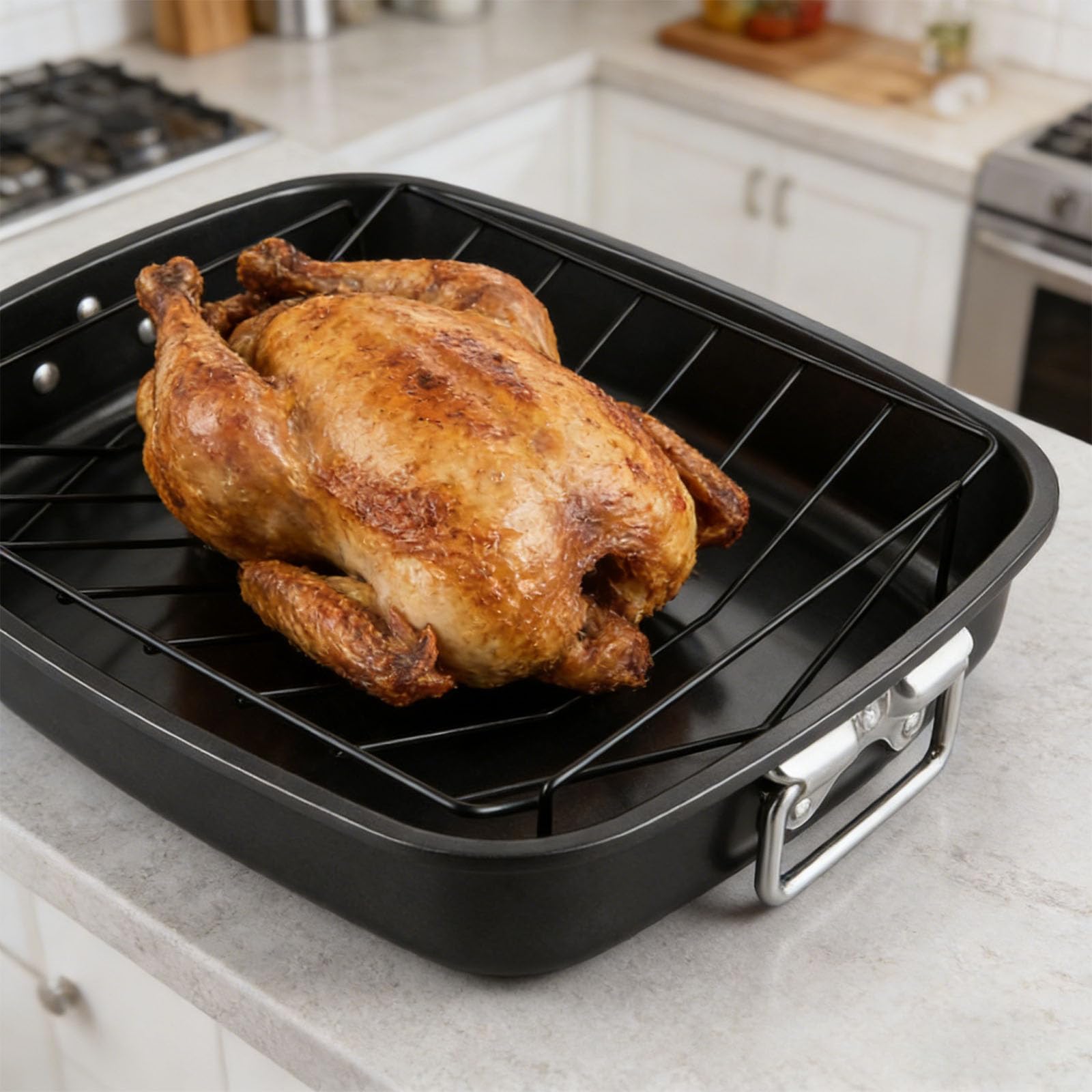 Sartén profesional de acero al carbono de 17 pulgadas con estante en forma de V, bandeja de horno de gran capacidad para horno con asas