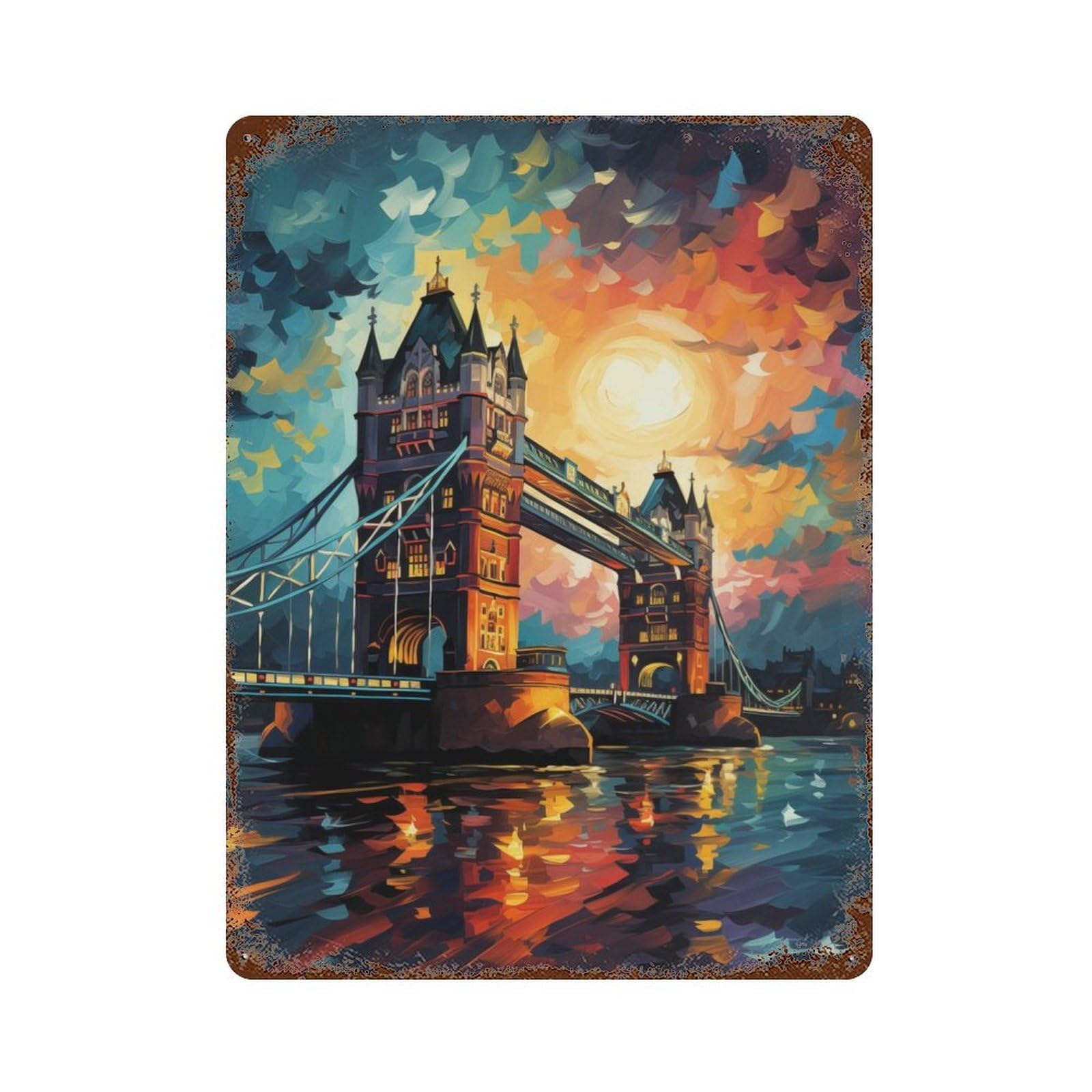 Tower Bridge Reverie 15.7"x11.8" Weathered Tin Sign, Classic Wall Plaque for Patio, Garden Room And Bar Decor
