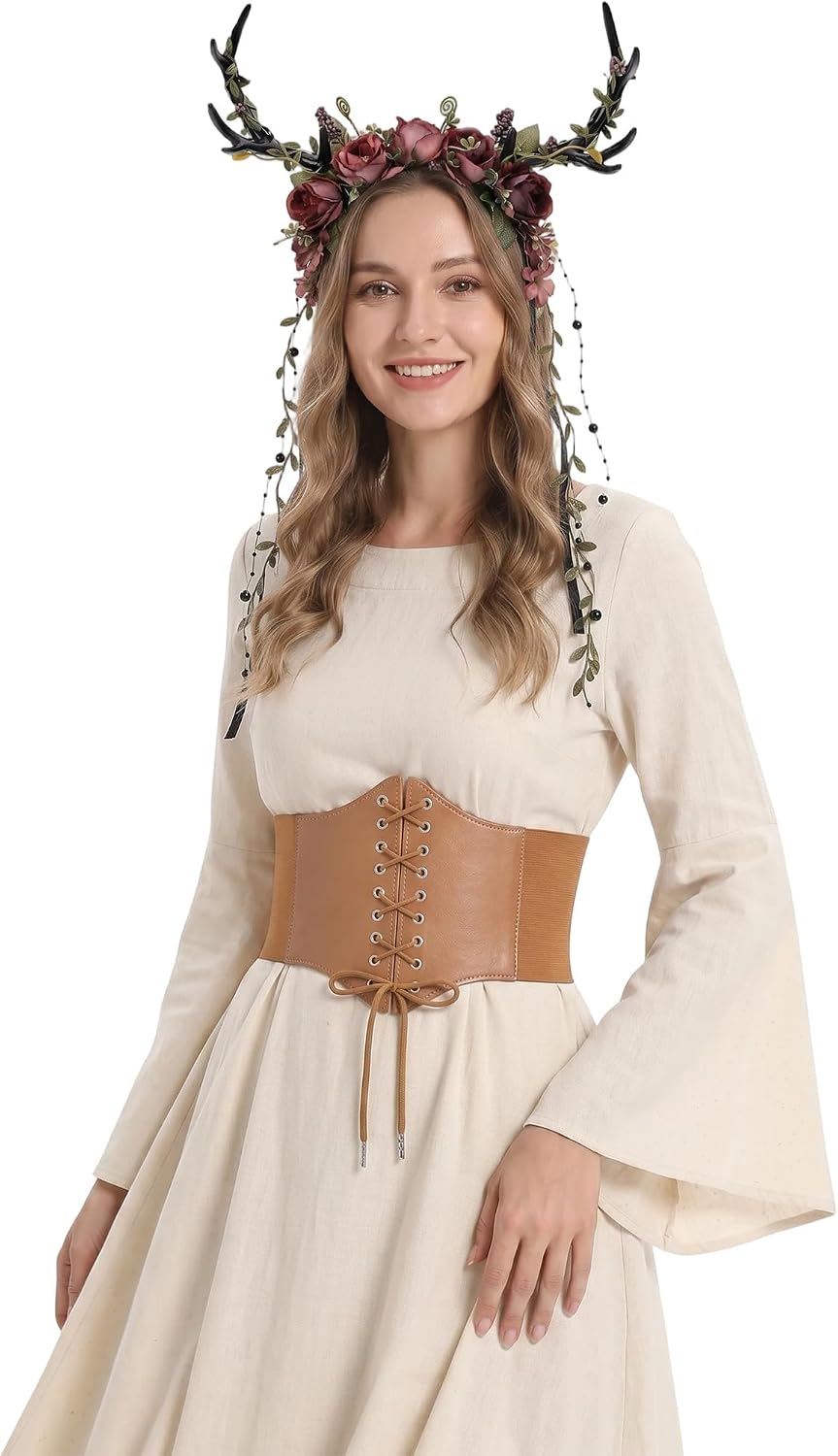 MOSTORY Medieval Corset Belt Antlers Headband Set for Renaissance Cosplay