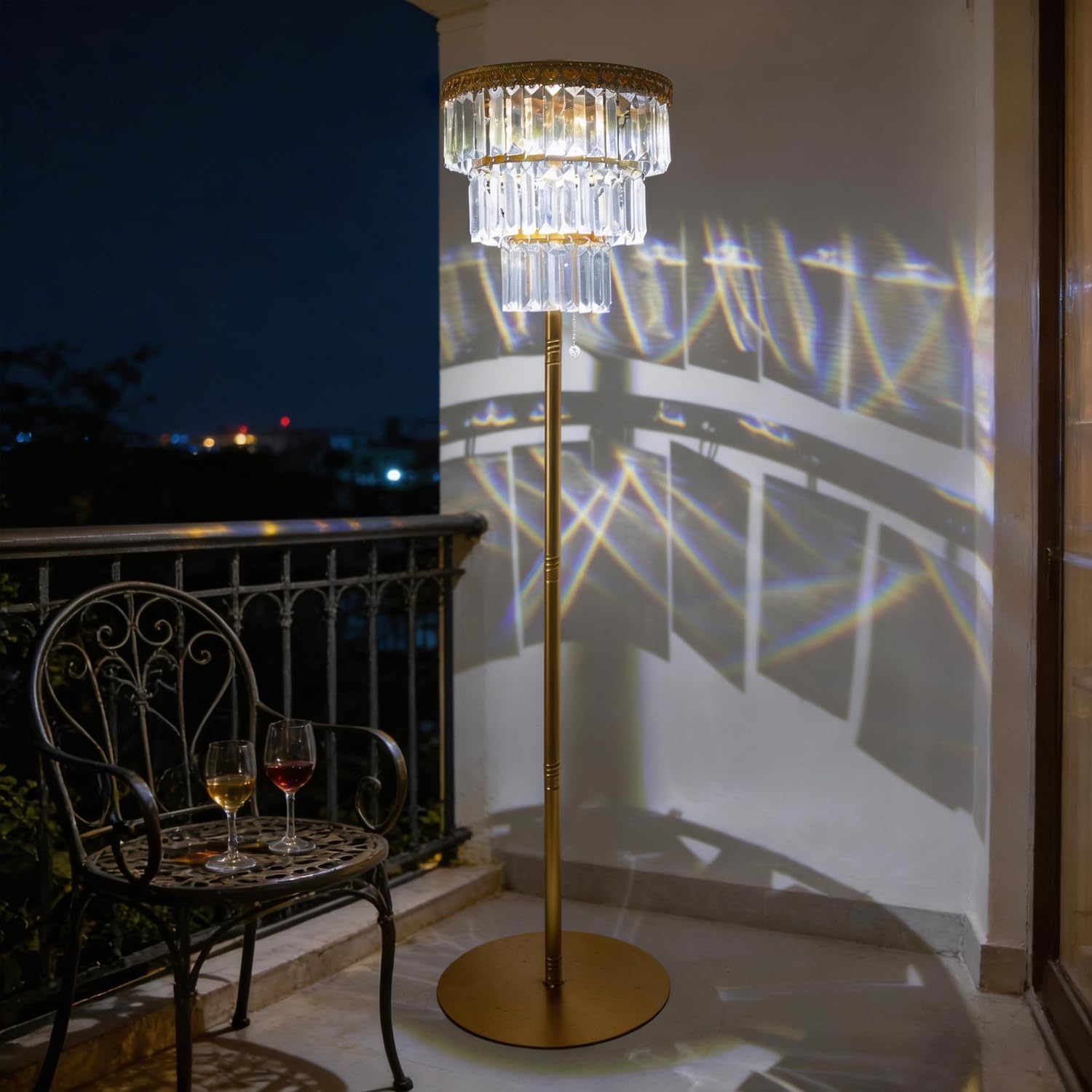 Solar Floor Lamp Outdoor Crystal Light Waterproof LED Rechargeable Patio Ambience Decor Light with 2-Way Lighting (Warm/Cool White) 4FT Tall Gold Metal Stand-Up Cordless Lounge Lamp for Balcony