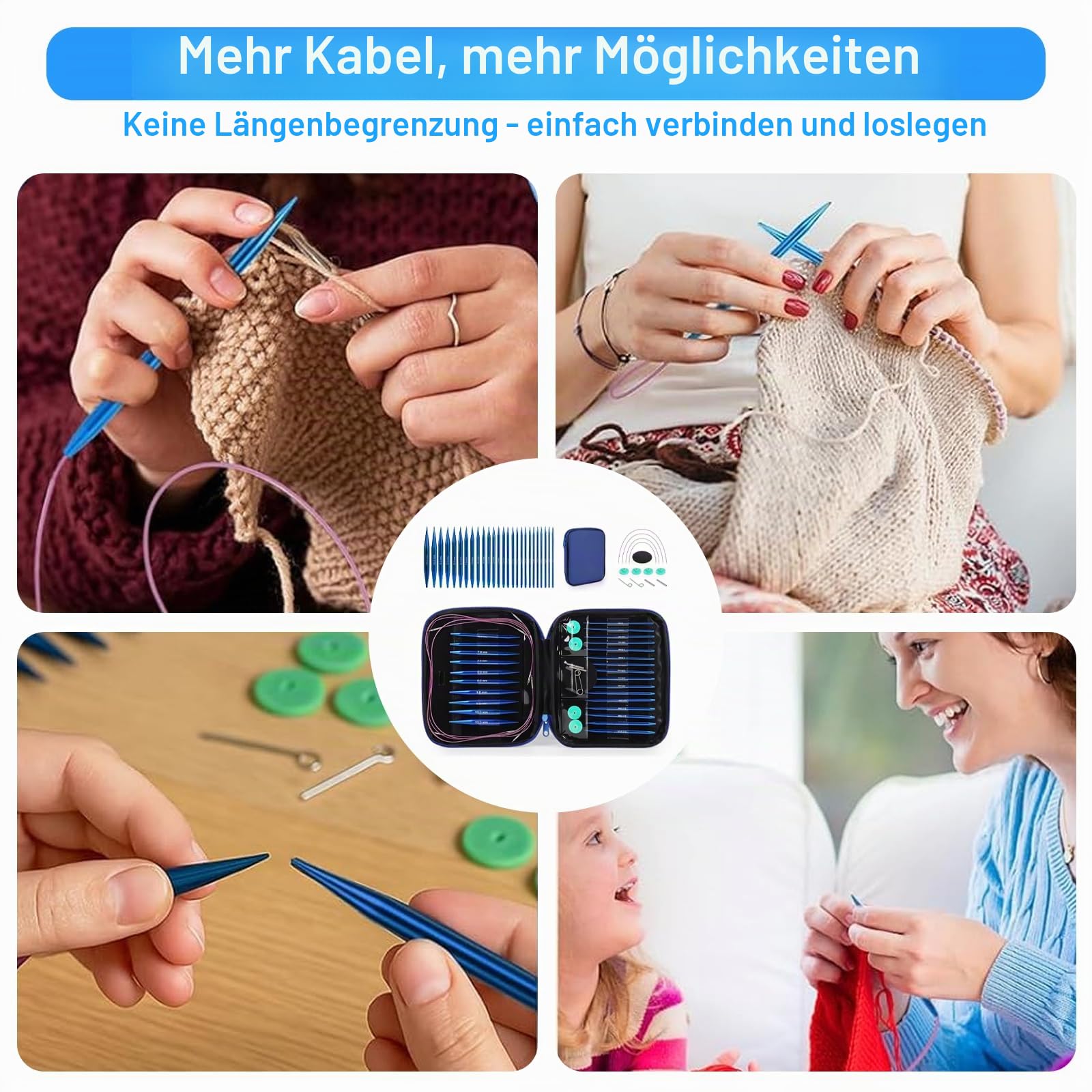 KOSLEOW Rundstricknadeln Set Austauschbar, 13 Paar Wechselnadelspitzen 3,0-10,0mm mit 40/60/80/100cm Rundstricknadel Kabel, Austauschbare Stricknadeln aus Aluminium, Blau, Aufbewahrungstasche