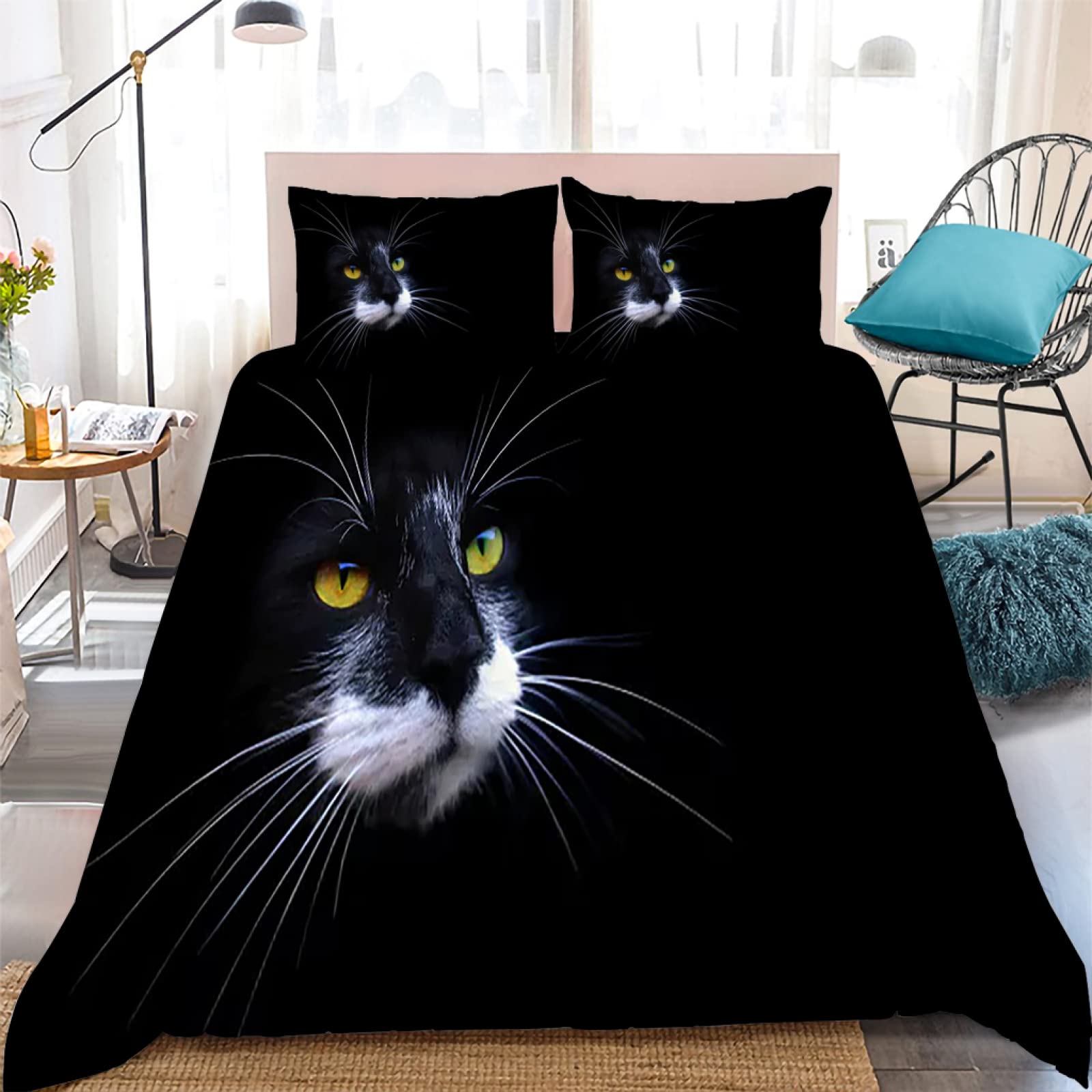Housse de Couette 220x240 Chat Noir avec 2 Taies d'Oreillers