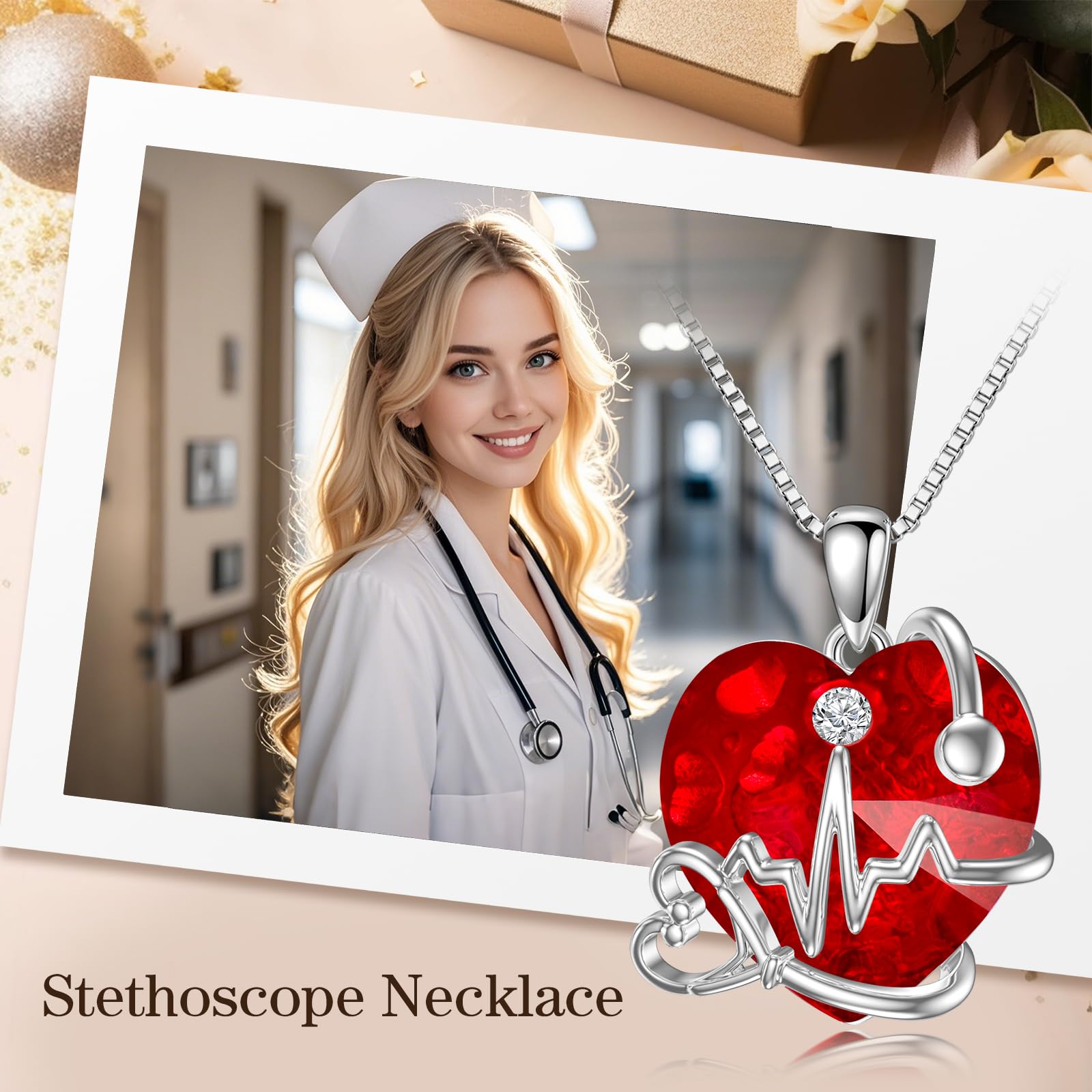 TOUPOP Stetoscopio Collana a forma di cuore da donna, in argento, regalo per donne, battito cardiaco, regalo per studentessa, infermiera, laurea, compleanno, regalo di Natale, Argento sterling