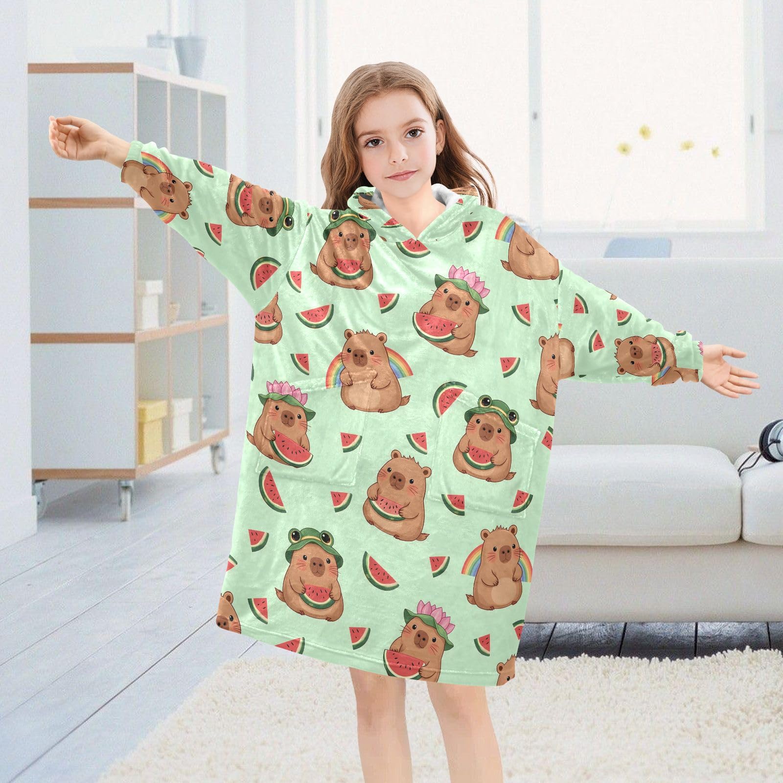 Capybara - Manta con capucha para niños, diseño de sandía, bata de franela suave con orejas y bolsillos, ropa de dormir cálida para niños y niñas