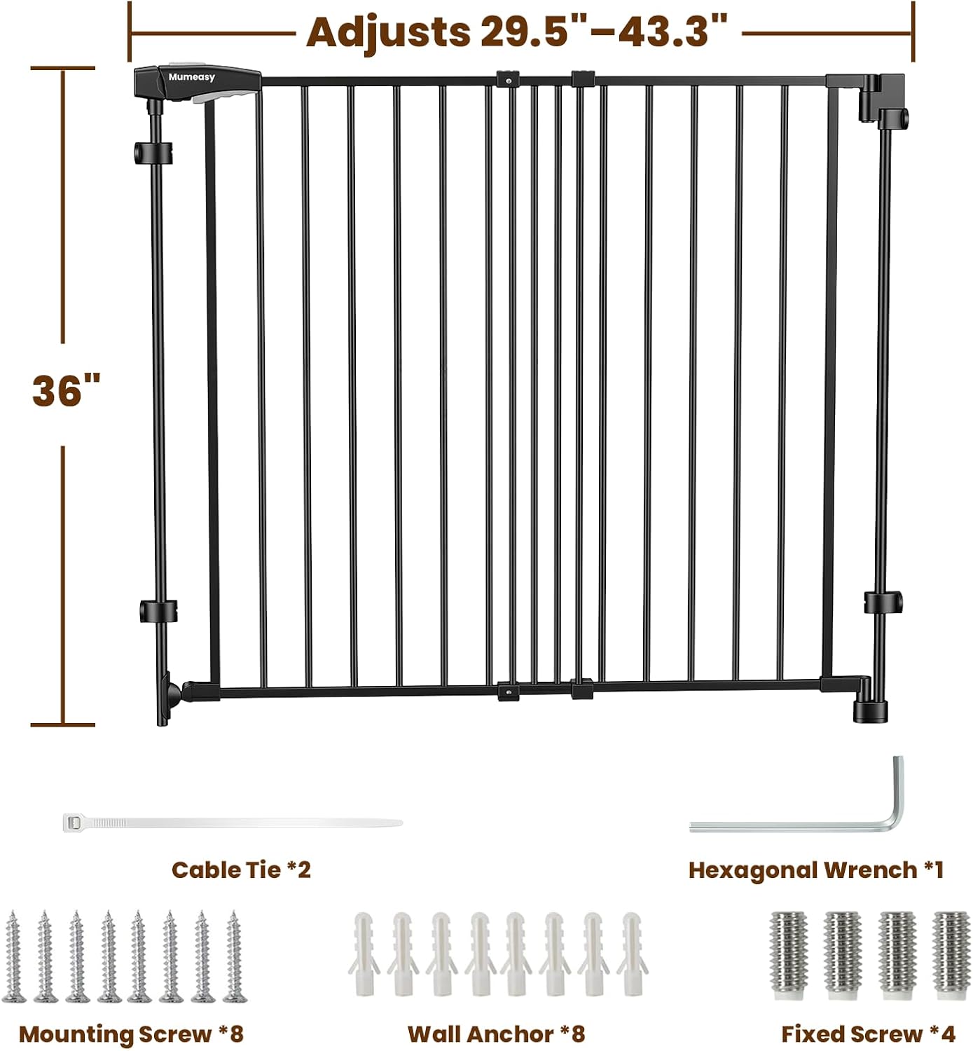 Mumeasy 29.5-43.3" Baby Gate for Stairs, No Bottom Bar Dog Gate with Removable Door & Slide-Adjust Drill Mount, Extra Wide Stairway & Hallway Walk Thru Pet Safety Gate for Doorways, Kitchen (Black)