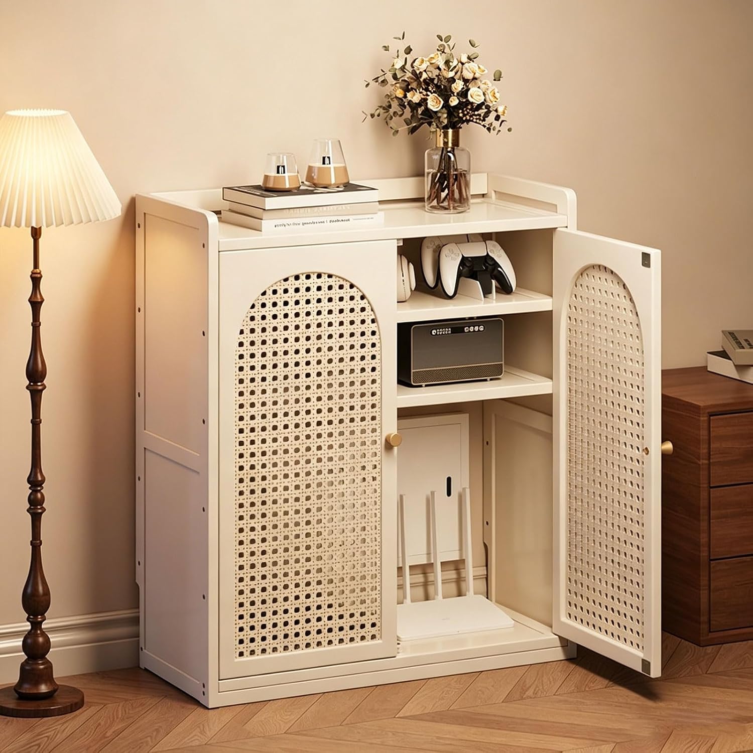 WiFi Router Storage Cabinet, Multi-Functional Router Storage Box, Bamboo Router and Modem, Large Capacity, for Living Room, Office, Bedroom(White,97cm/38.2in)