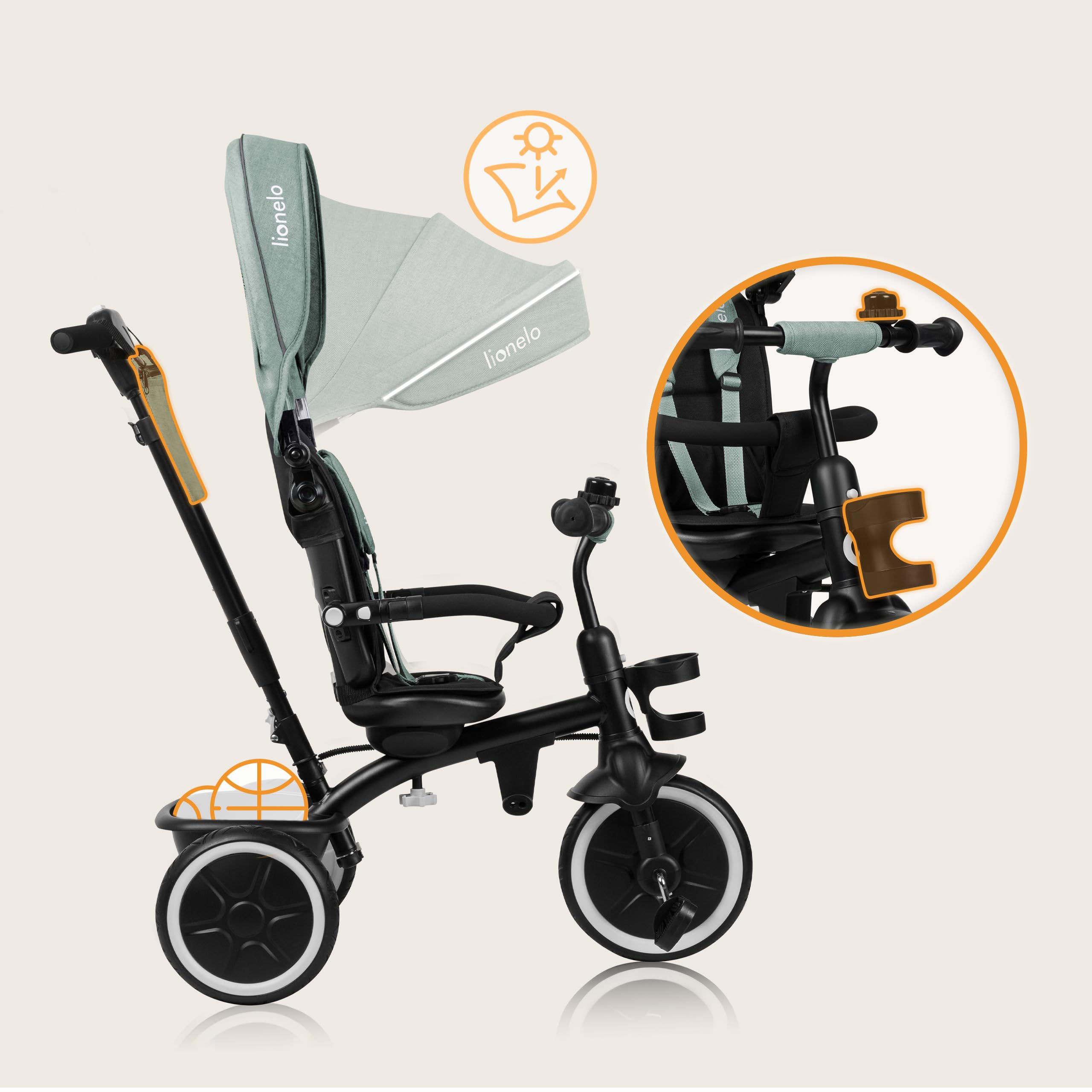 LIONELO Berry Triciclo Multifuncional de Paseo Silla de Paseo de 9 Meses a 5 años a 25 kg Ruedas Grandes de PU, Triciclo Asiento Giratorio 360° Montaje sin Herramientas