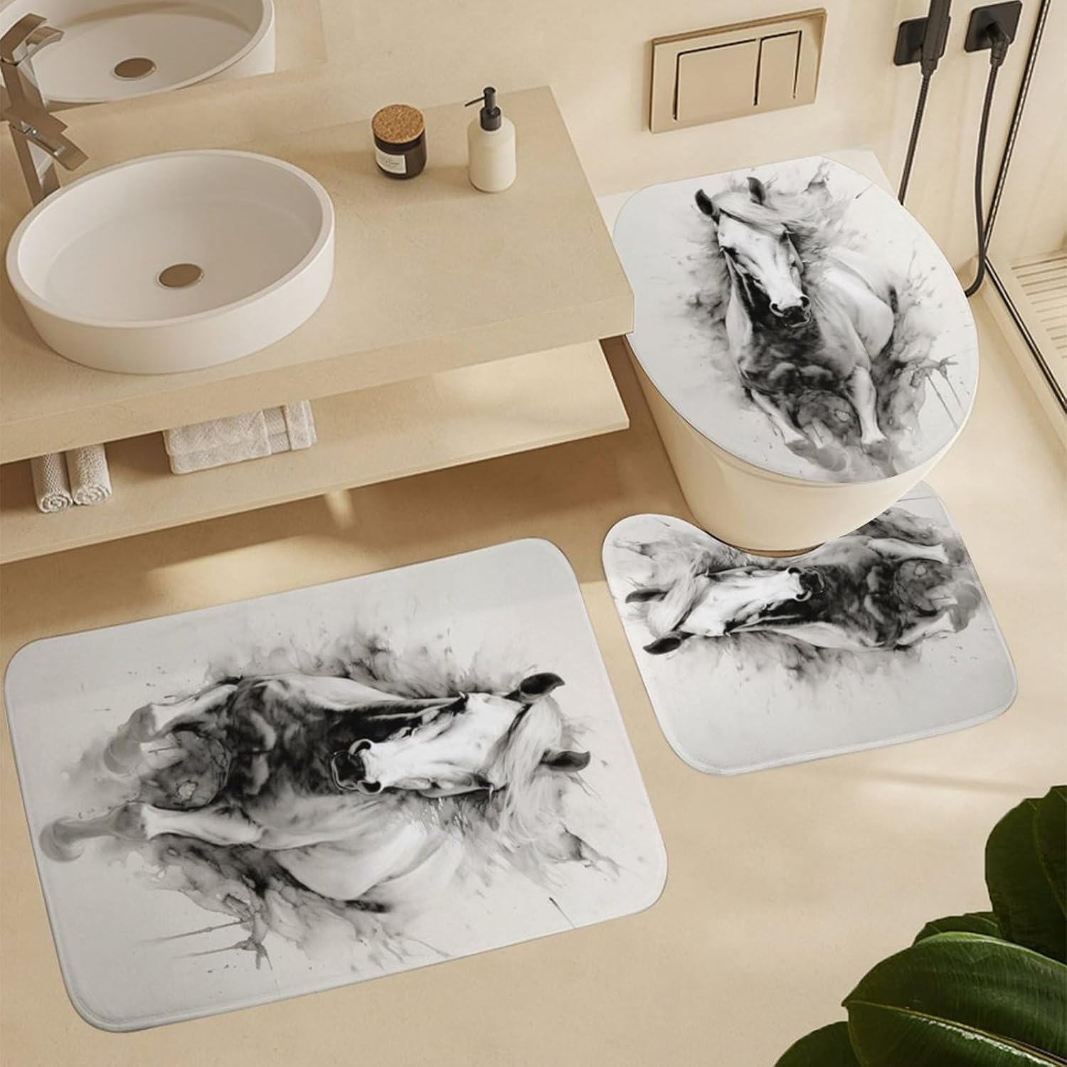 4 Pieces Vintage Horse Shower Curtain Set Ink Painting White Animal Modern Bathroom Decor Sets with Rugs Bathroom Accessories Set Bathroom Curtain Shower Set with 12 Hooks