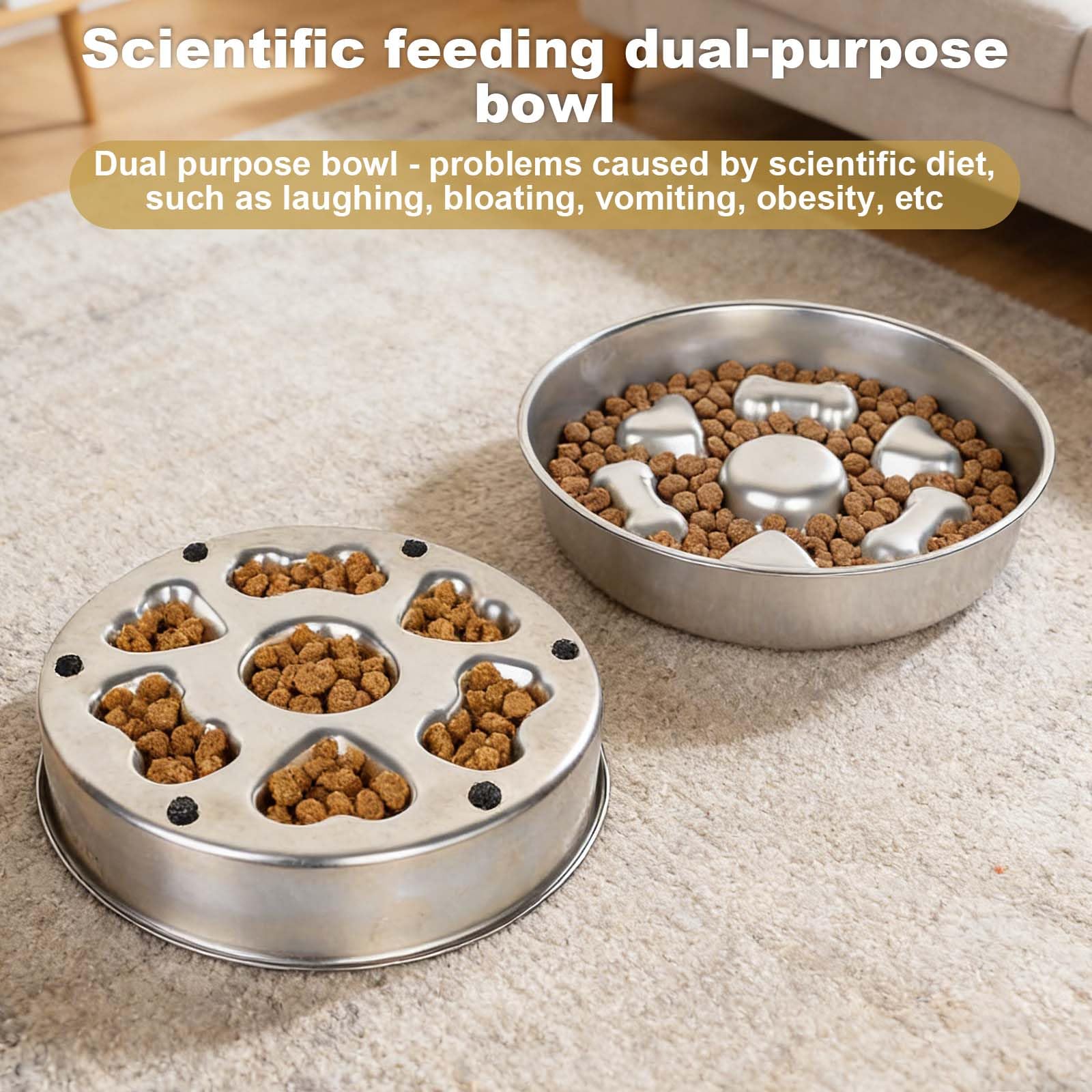 Ciotola Anti Ingozzamento Acciaio, Ciotola Cane per Lenta Assunzione del Cibo,Slow-Eating Bowl per Cani Gatti, Ciotole Cane Slow Feeder Antiscivolo Ciotole per Cani (Argento, Rotondo)