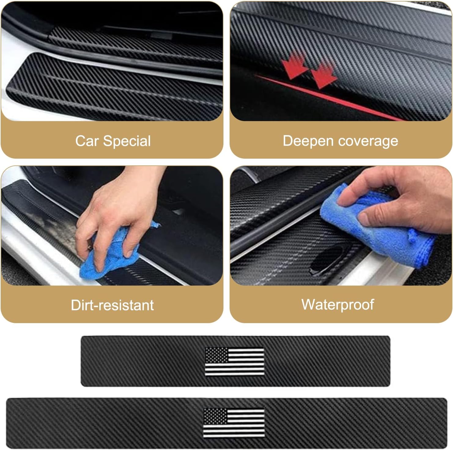 4 PCS Car Door Sill Protectors, Carbon Fiber American Flag Welcome Step Decals Decoration, Scratch-resistant & Anti-slip Vehicle Sill Guards, for Most Sedans, Trucks, SUV Trunks (Black)
