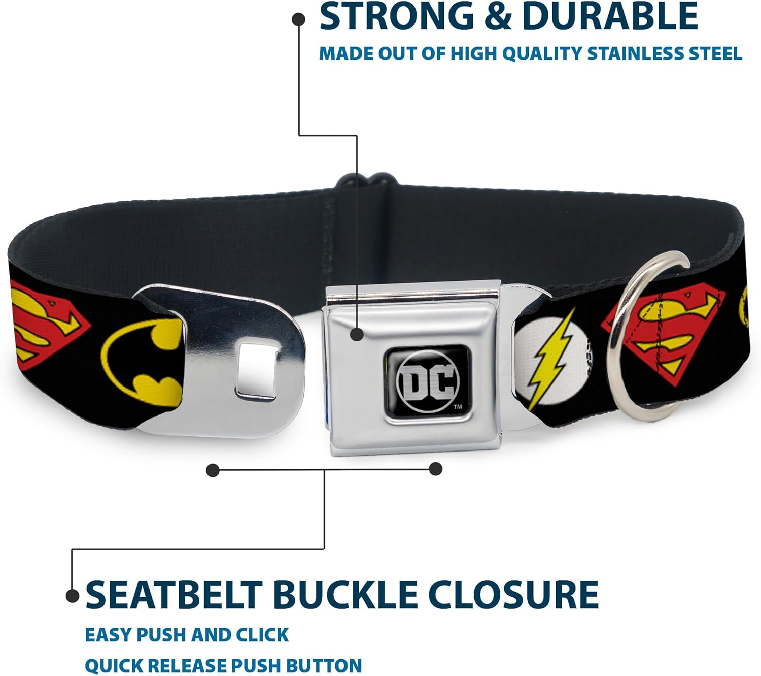 Buckle-Down Seatbelt Buckle Dog Collar - Justice League Superhero Logos - 1" Wide - Fits 9-15" Neck - Small