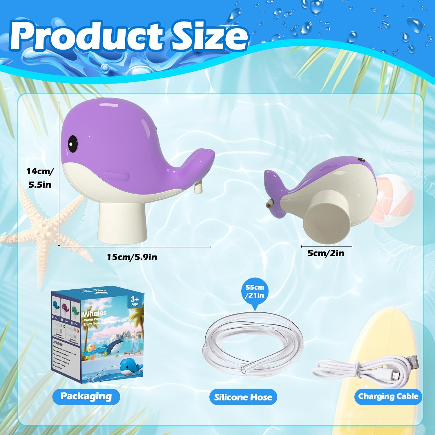 Whale Water Table Pump – Continuous Flow Rechargeable Battery Powered Water Pump for Water Table Accessories – Outdoor Summer Water Play Toys (Purple)
