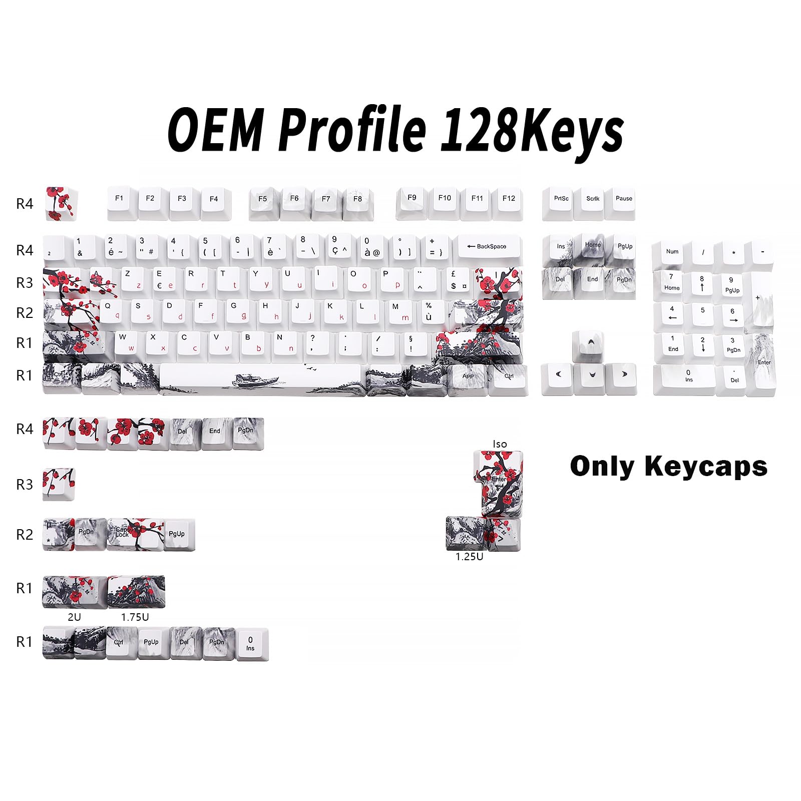 JSJT - Keycaps Plum Blossom 128 touches - Keycaps françaises PBT - Profil OEM - Keycap personnalisé pour 61/68/87/96/104/108 Cherry MX Switches - Clavier mécanique