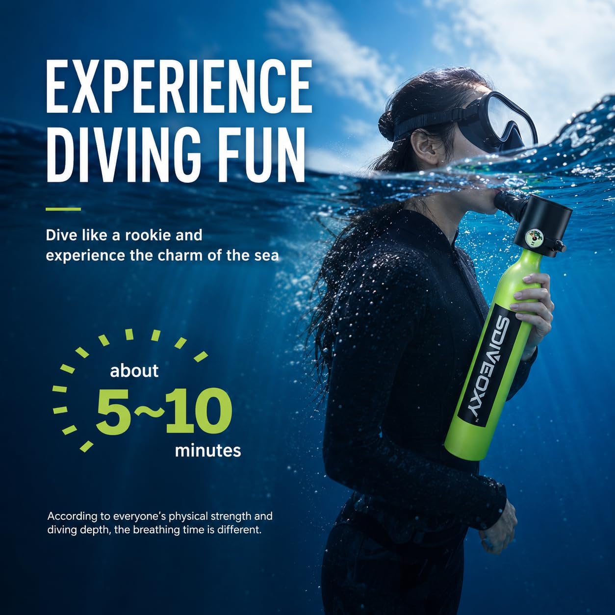 Mini bombola subacquea da 0,5 l, set di bottiglie di ossigeno portatile con pompa a mano, attrezzatura per snorkeling per allenamento subacqueo