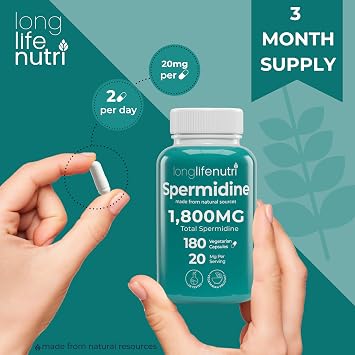 LongLifeNutri Spermidine 20mg, Supports Cellular Health & Brain Function - 180 Count, 2 Serving Size, Vegan Capsules, Wheat Germ Extract, Naturally Support Wellness, Lab Tested, Crafted in USA
