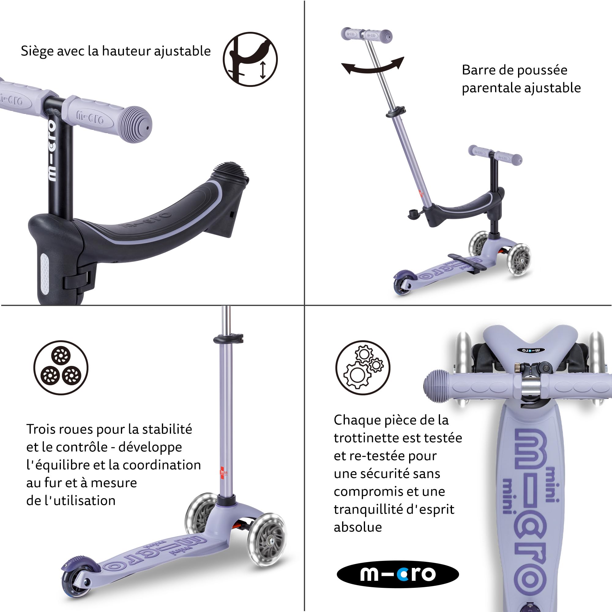 Trottinette évolutive Micro Mini2Grow 2.0 Lavande | LED