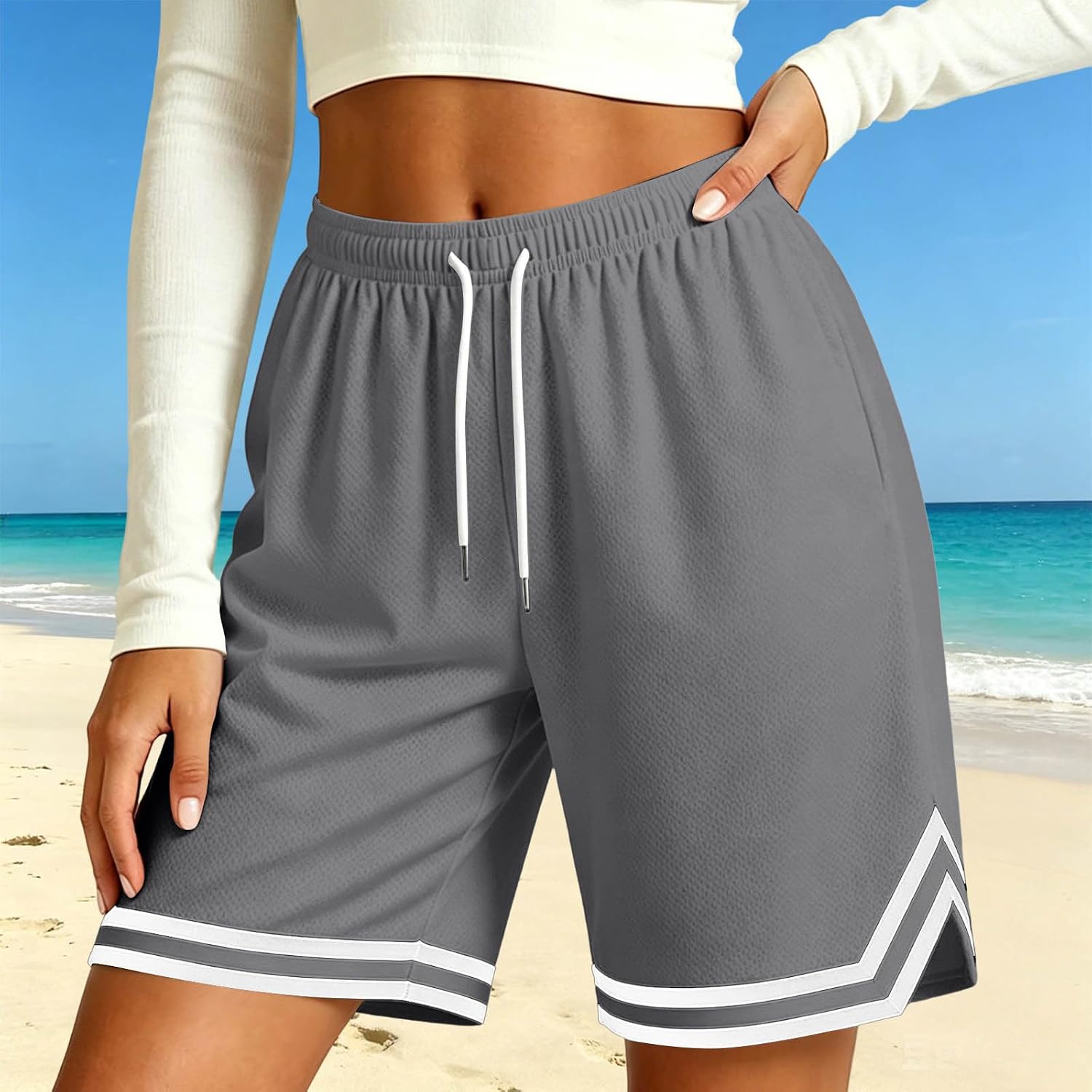 Athletic Gym Shorts for Women, Elastic Drawstring Workout Pants | Regular Loose Fit, High Rise Smocking, Side Pockets, Breathable Cotton Knit, Summer Fitness Active Lounge