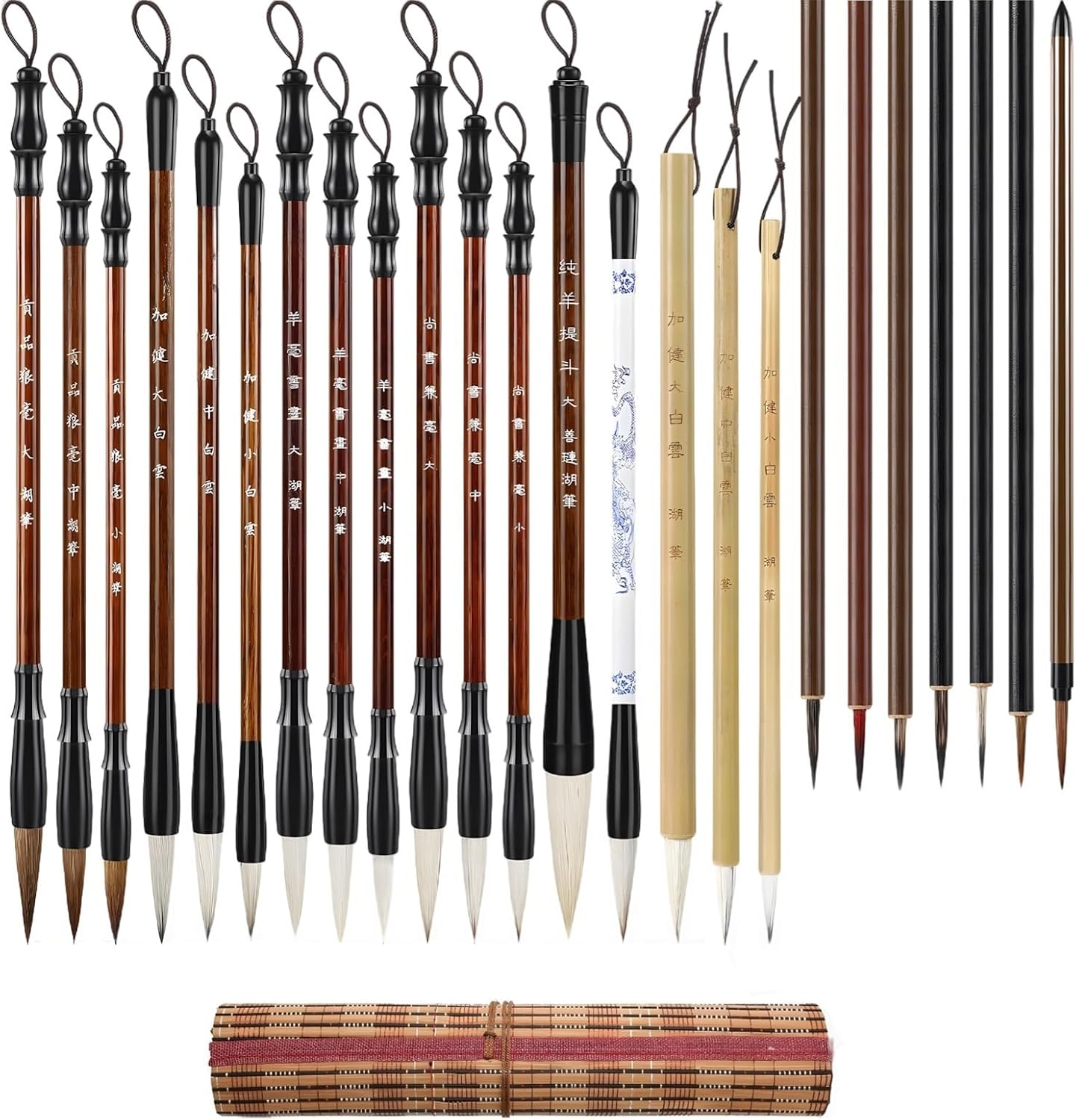 Chinese Calligraphy Brush Set of 24 Pieces, Goat Hair Soft and Mixed Tips, Wood and Bamboo Handles, Used for Sumi-E Art, Watercolor, Painting, and Writing