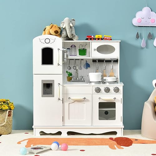 Miniatura 6 de GLACER Juego de cocina para niños con teléfono, juguetes Montessori de madera con luz y sonido, microondas, máquina de hielo, horno, fregadero y
