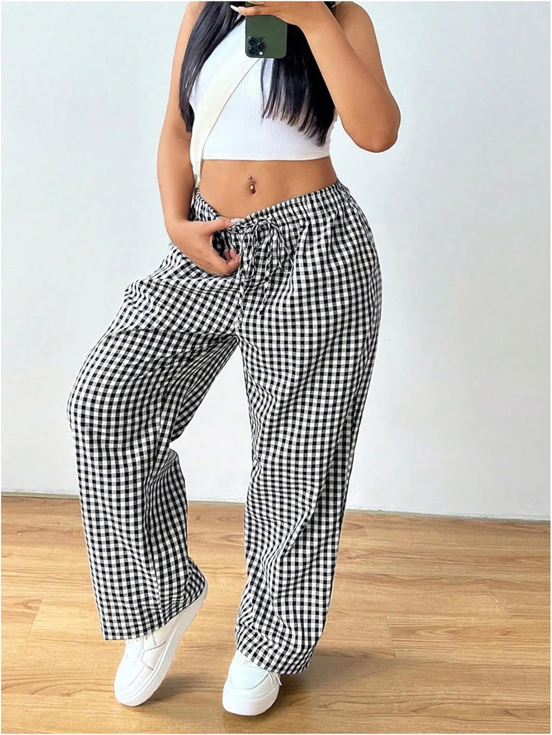Floerns Women's Plus Size Drawstring Waist Gingham Plaid Baggy Wide Leg Pants - Image 6