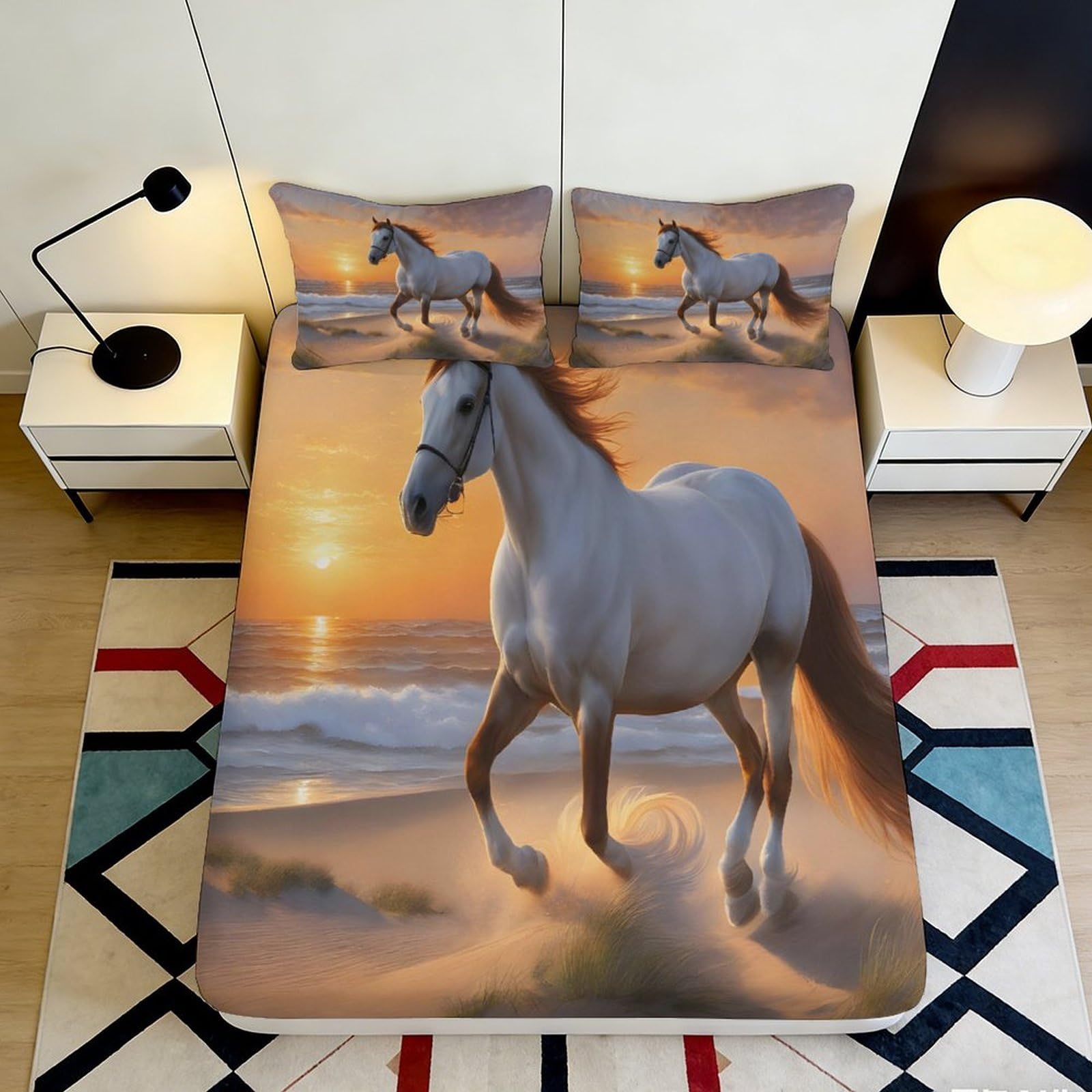 3D Printed Sunset Beach Horse Fitted Sheet Microfiber Soft Breathable Wild Stallion Mattress Cover Bedroom Decor 90x200x25cm