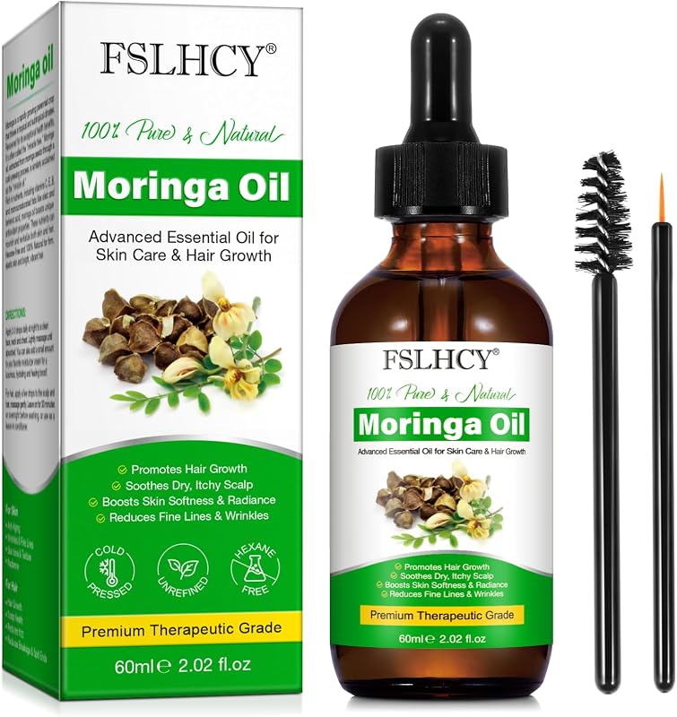 Óleo de moringa FSLHCY para rosto, cabelo e corpo, extração prensada a frio, frasco com conta-gotas, 60 mL