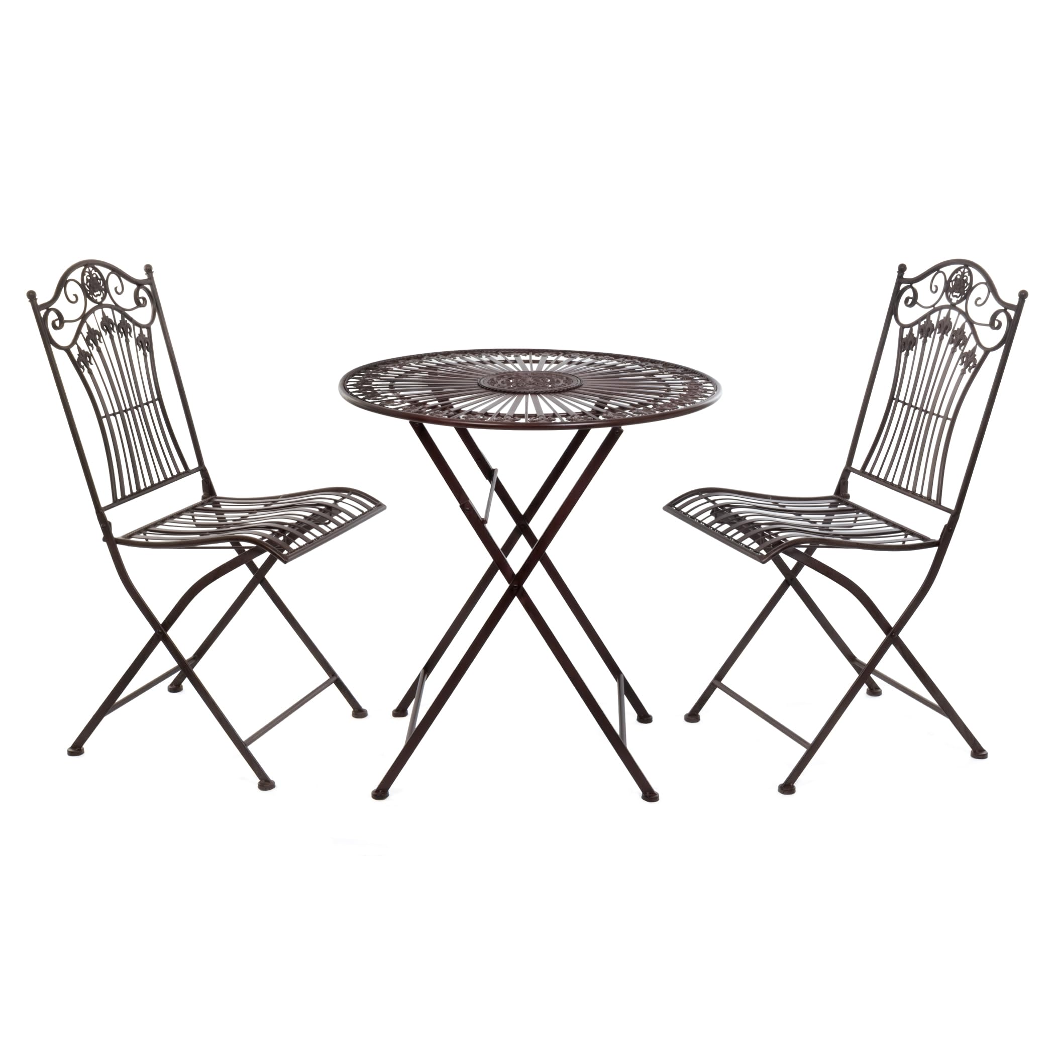 Moritz Bistroset 3-teilig klappbar Antik Braun - Metall Gartenmöbel Set - Klapptisch Ø 69,5 cm mit 2 Klappstühlen - Vintage Bistrogarnitur - Balkon Terrasse Garten Sitzgruppe nostalgisch