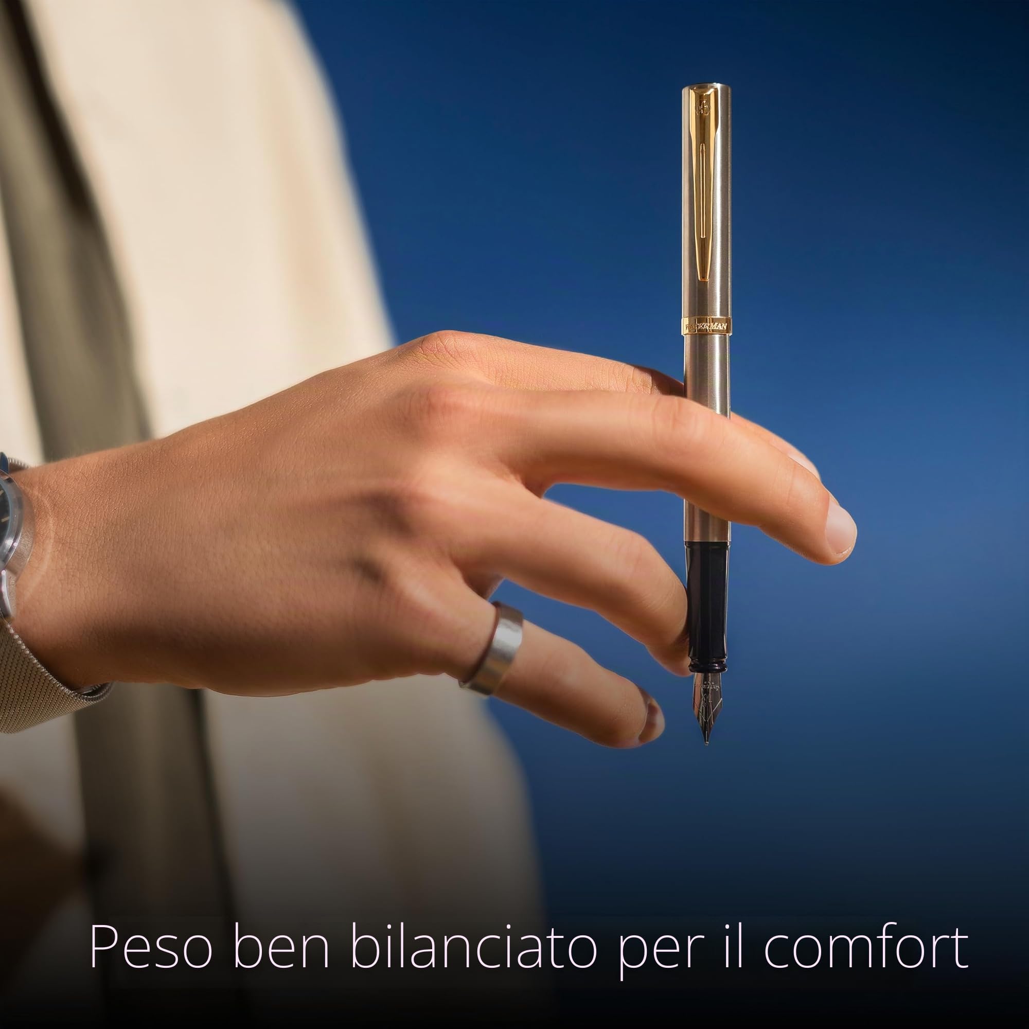 Waterman Impression Penna Stilografica | Pennino Medio con Ricarica di Inchiostro Blu | Acciaio Inossidabile con Rifiniture Placcate in Oro | Confezione Regalo