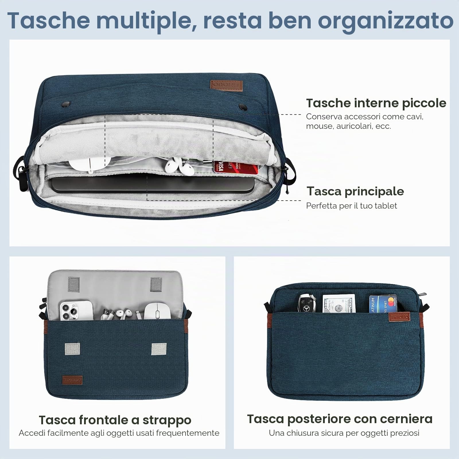 TiMOVO 9-11" Custodia per Tablet con Tracolla per iPad 10a Gen. 10.9", iPad 9a/8a/7a Gen. 10.2", iPad Air 11/Air 5a/4a Gen. 10.9", Galaxy Tab A9+/A9 Plus 11", Indaco
