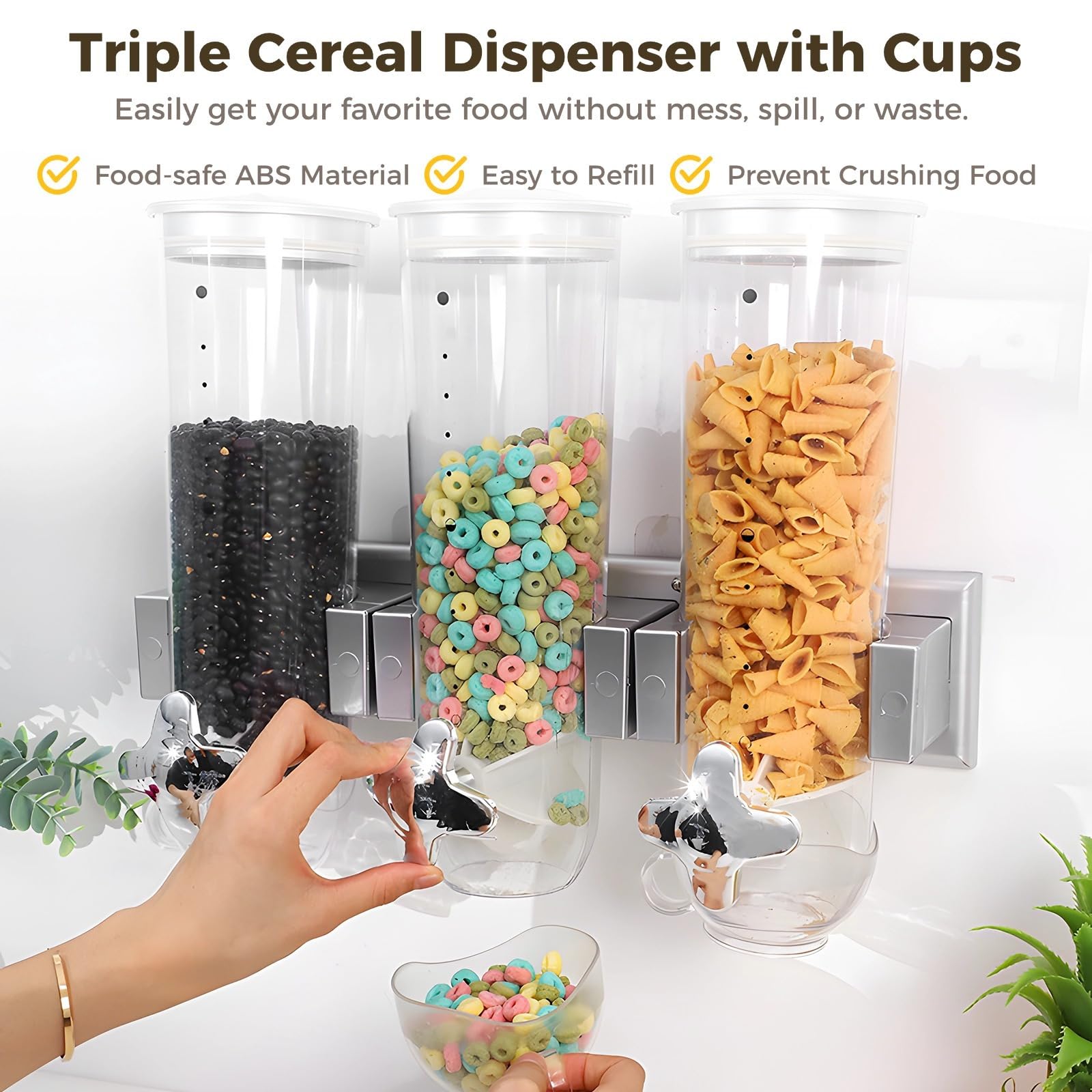 Dispenser da parete per cereali e snack con manopole, 3 scomparti rimovibili, grande capacità per conservare alimenti, chicchi di caffè e noci