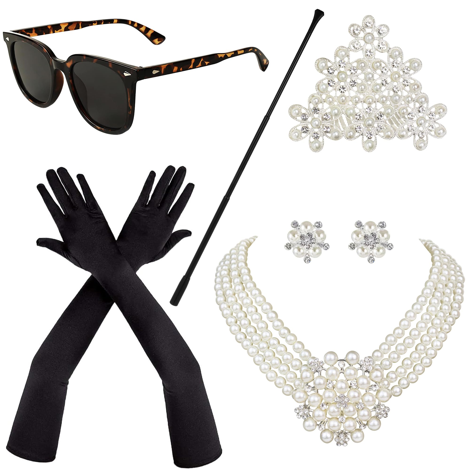 Horolam 6PCS Holly Golightly Accessories, 60s Retro Accessories for Women Pearl Necklace Earrings Holder Gloves Sunglasses