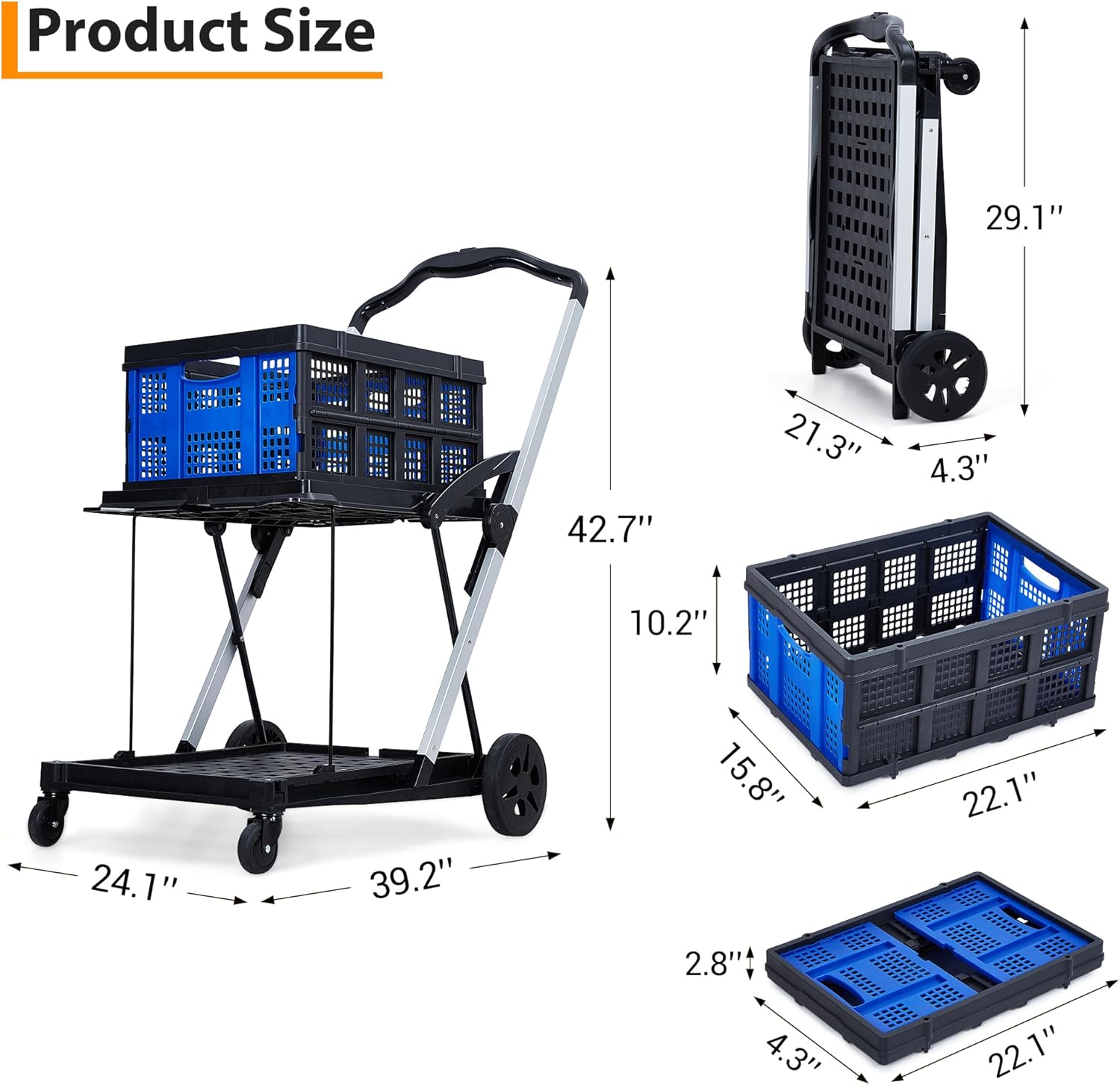 GAOMON 2-Tier Foldable Shopping Trolley - 2 Tier Folding Grocery Carts (198 LB Capacity), Portable Grocery Cart with Wheels & Removable Crate, Lightweight for Mall & Market