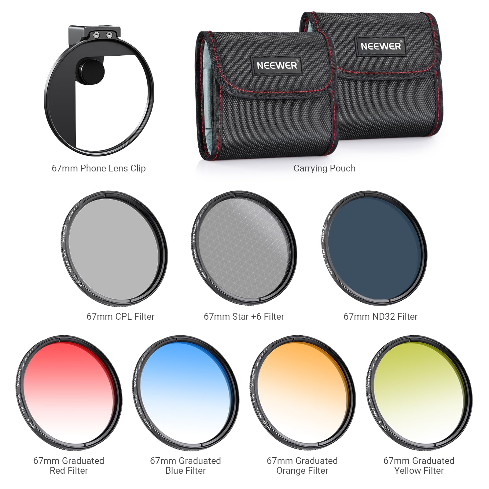 NEEWER Zestaw filtrów ND 67 mm z uchwytem filtrującym do telefonu komórkowego Cold Shoe, 7 sztuk, 4 filtry gradientowe, filtr gwiazdowy, filtr obiektywu ND32+CPL, kompatybilny z iPhone 17 16 Android