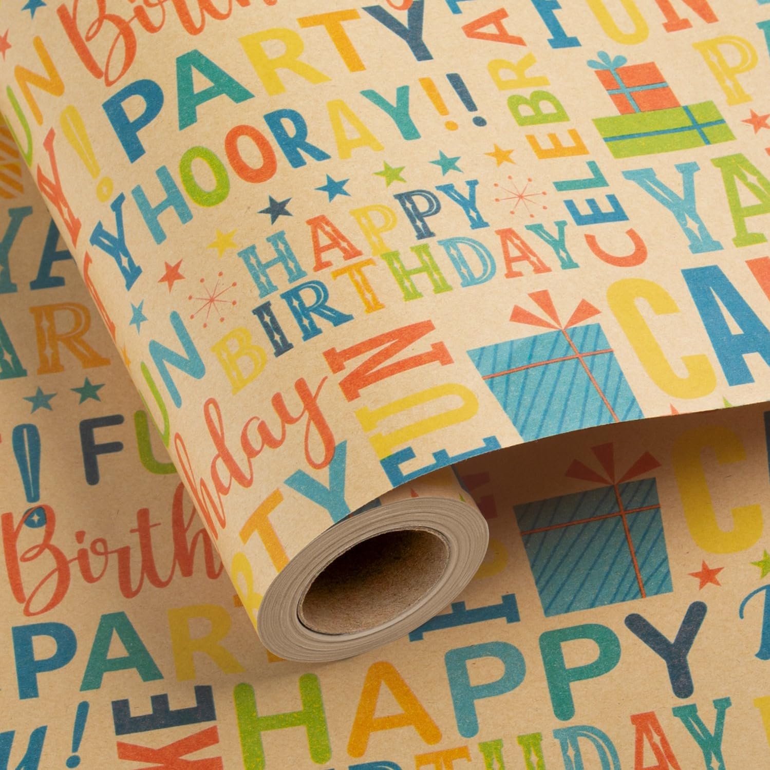 Burymento Kraft Birthday Wrapping Paper for Boys & Girls - Colorful Happy Birthday Pattern - Great for Parties & Baby Showers - Mini Roll - 17 Inches