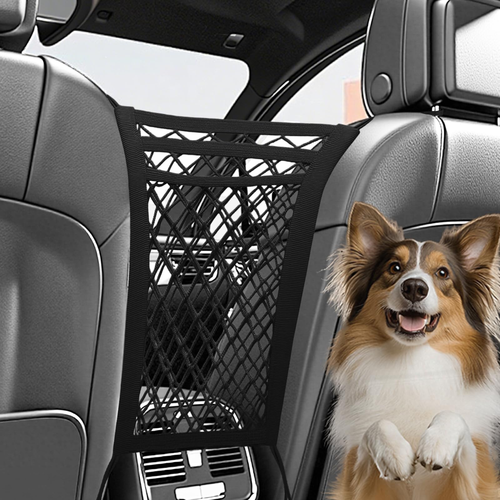 3-Layer Car Mesh Organizer,Seat Back Net Bag Organizer,Stretchable Pet Barrier Dog Car Net Barrier of Backseat Pet Kids,Cargo Tissue Handbag Purse Holder,Driver Storage Netting Pouch (Black)