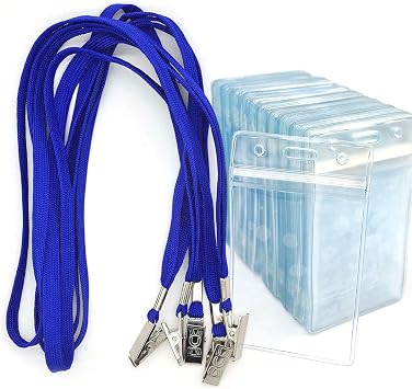 Name Tags 50 Pack Lanyards with Bulldog Clip and 50 Pack Waterproof Clear Plastic Vertical Name Tag Badge ID Card HoldersBlue