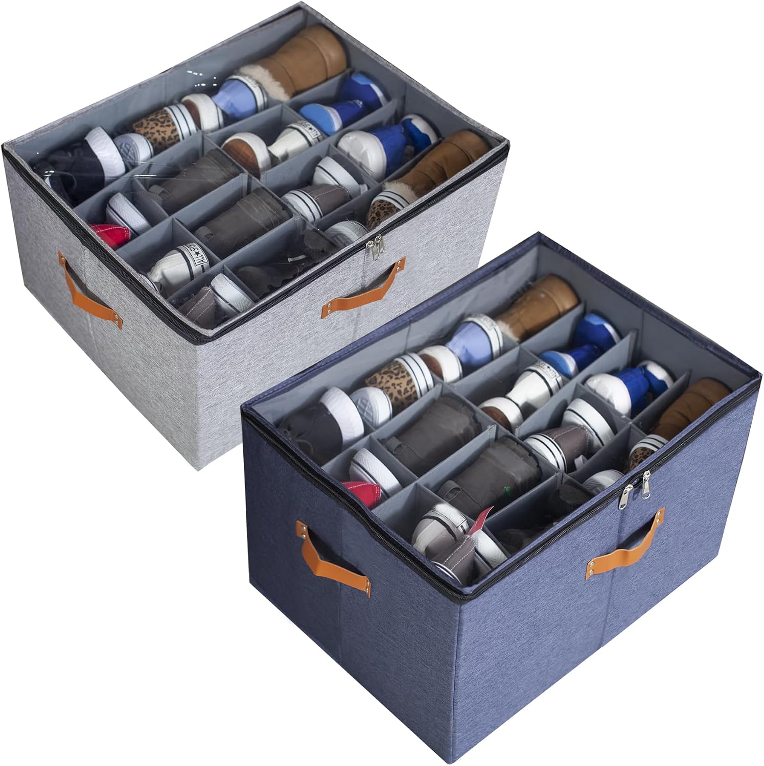 2-Pack,Shoe Organizer for Closet, Foldable shoe storage,Adjustable Shoe Storage Containers,Fits up to 32 Pairs, Clear Foldable Shoe Storage (2-Pack,gray+dark gray)