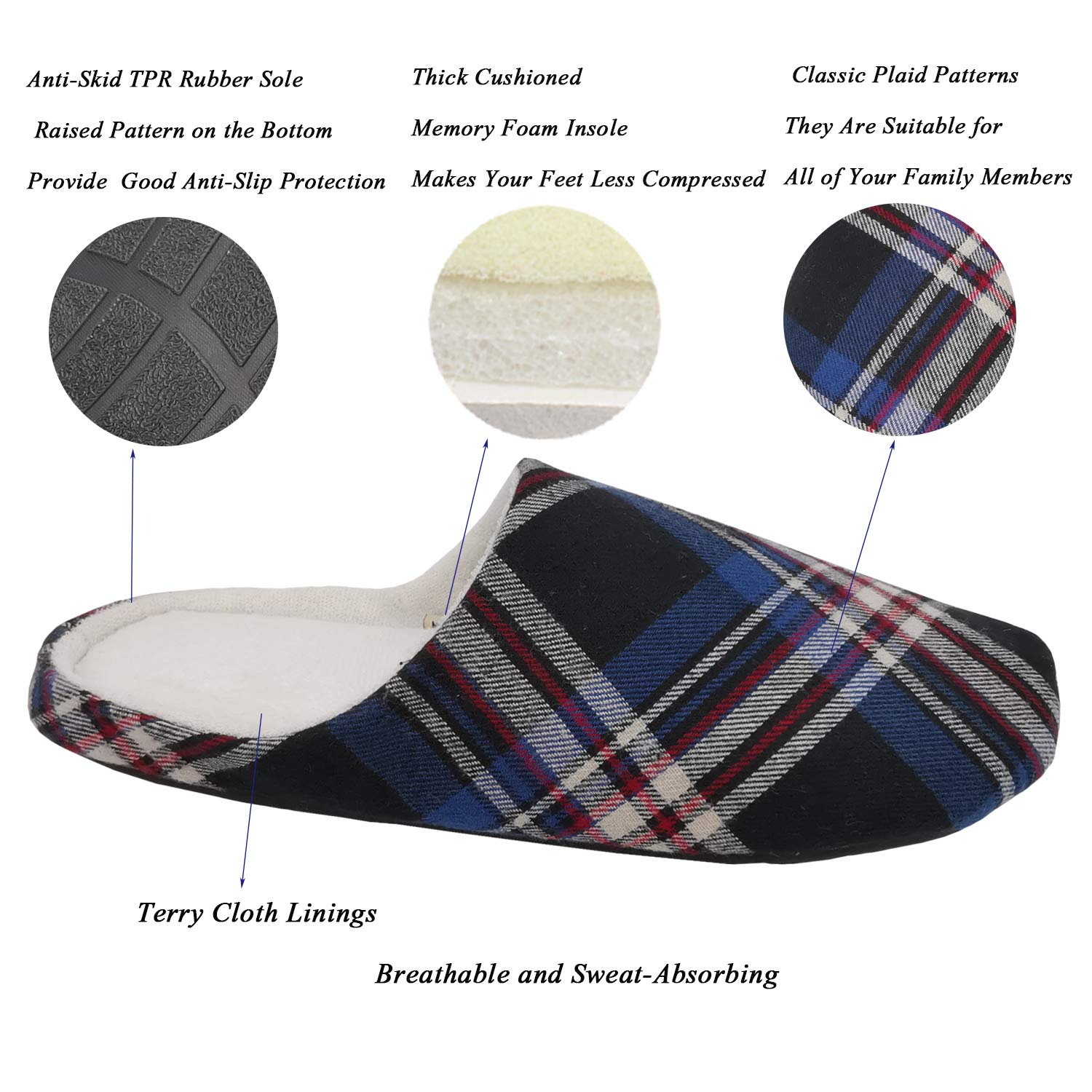 ofoot Pantofole di Schiuma di Cotone per Uomo,Spugna a Rimbalzo Lento Riempire,Plaid Pantofole a Solette di Gomma Non Sgusciata,Pantofole di Casa
