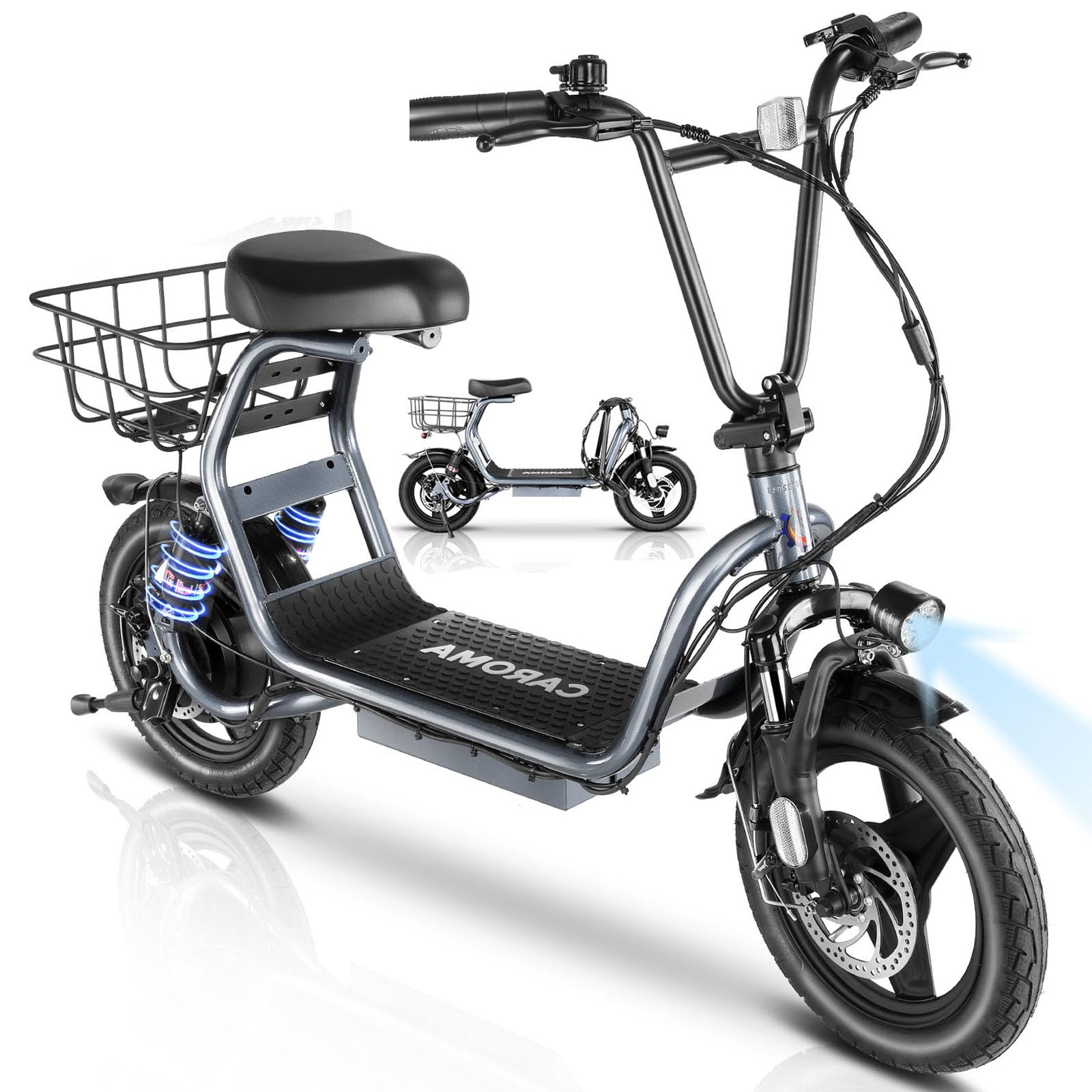 Caroma Electric Scooter with Seat, 14" Tire Foldable E-Scooter for Adults, 500/800/1200W Motor, Max 30Miles Ranges&20Mph, Dual Braking Dual Suspension, Stable Triangular Frame, 300lbs Max Load