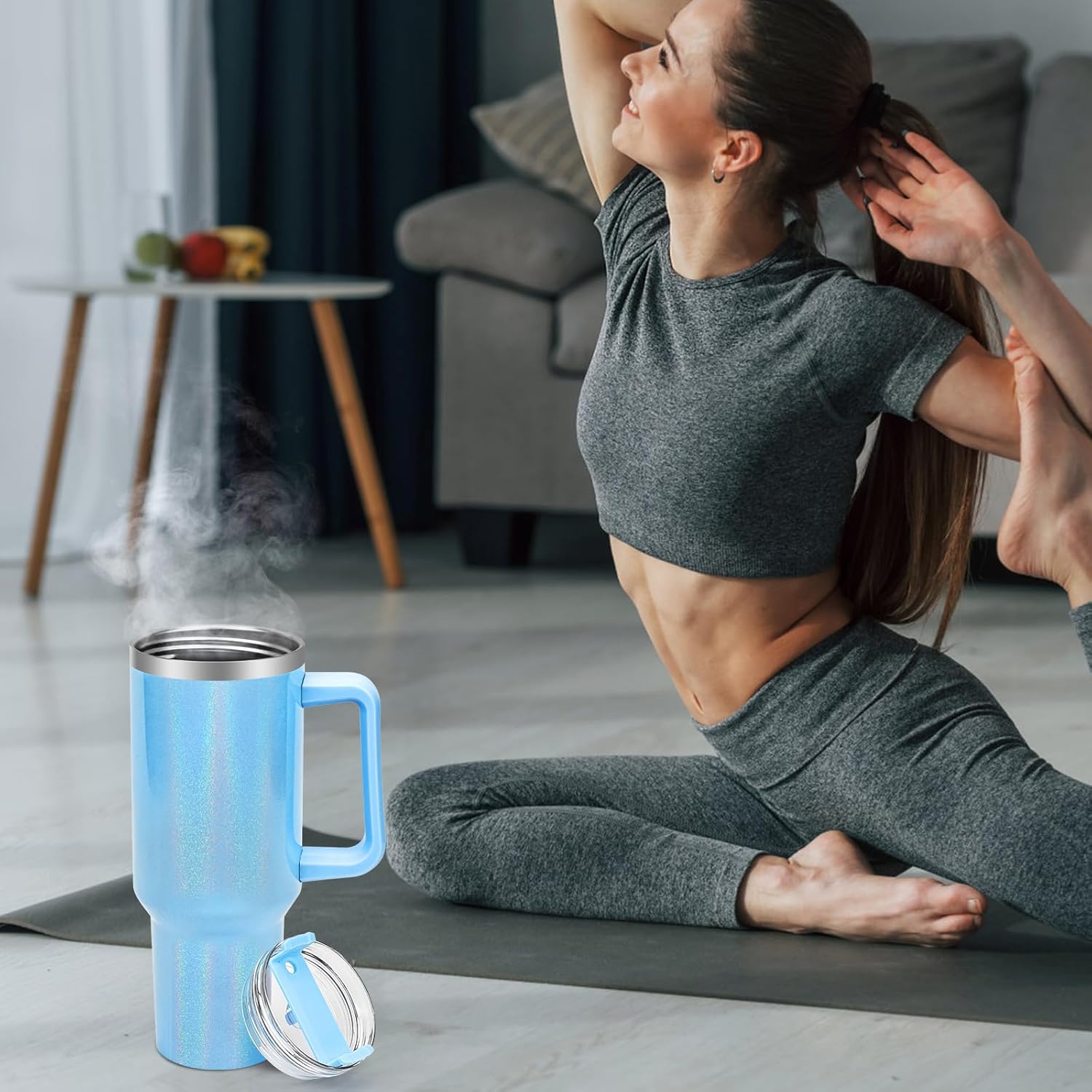 40 oz Tumbler with Handle and Flip Straw Lid, Vacuum Insulated Leak Proof Double Walled Stainless Steel Glitter Travel Mug Tumblers, Maintains Cold Ice and Heat for Hours(Blue) - Image 6