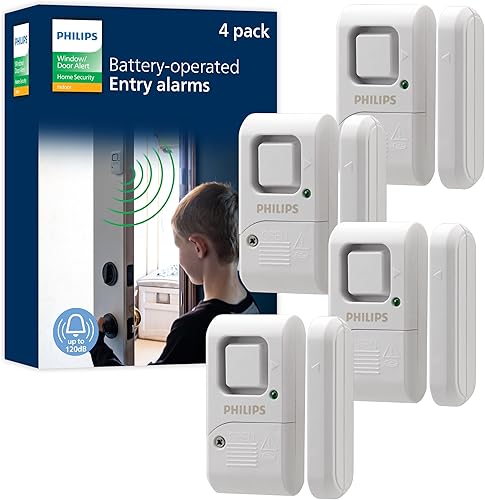 Philips Alarma de seguridad personal para ventanas y puertas, paquete de 4, protección de bricolaje, alerta antirrobo, inalámbrico, timbrealarma,