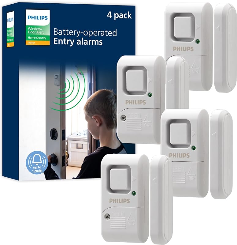 Philips Alarma de seguridad personal para puertas y ventanas, paquete de 4, timbre inalámbrico | Protección de bricolaje, alerta antirrobo, fácil instalación, ideal para el hogar, garaje, apartamento, vehículos recreativos y más, LRM3320W/27