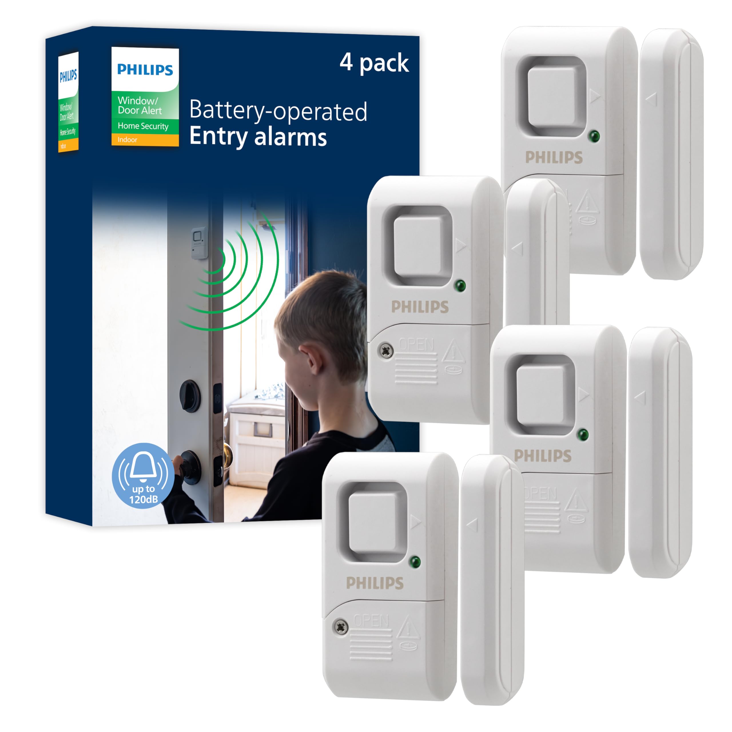 Philips Personal Security Window and Door Alarm, 4 Pack, DIY Protection, Burglar Alert, Wireless, Chime/Alarm, Easy Installation, Ideal for Home, Garage, Apartment, RV and More, LRM3320W/27