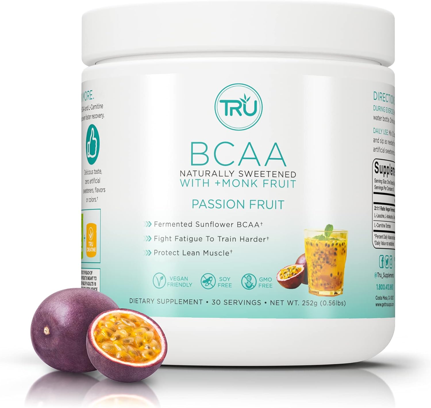 TRU BCAA Powder, Plant Based Branched Chain Amino Acids, Vegan Friendly, Zero Calories, No Artificial Sweeteners or Dyes, (30 Servings, Passion Fruit) : Health & Household