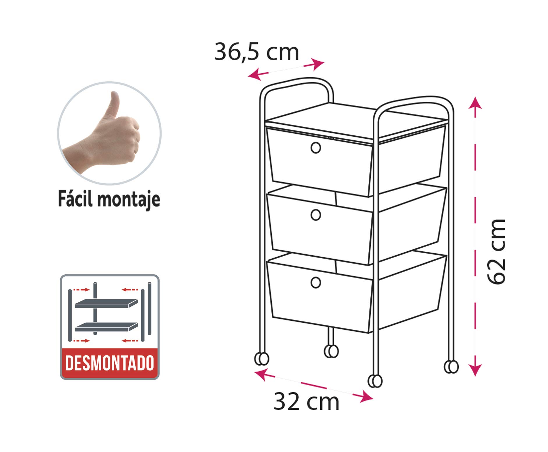 HERSIG - Mueble Cajonera Plastico | Cajonera con Ruedas 3 Alturas - Color Gris Oscuro